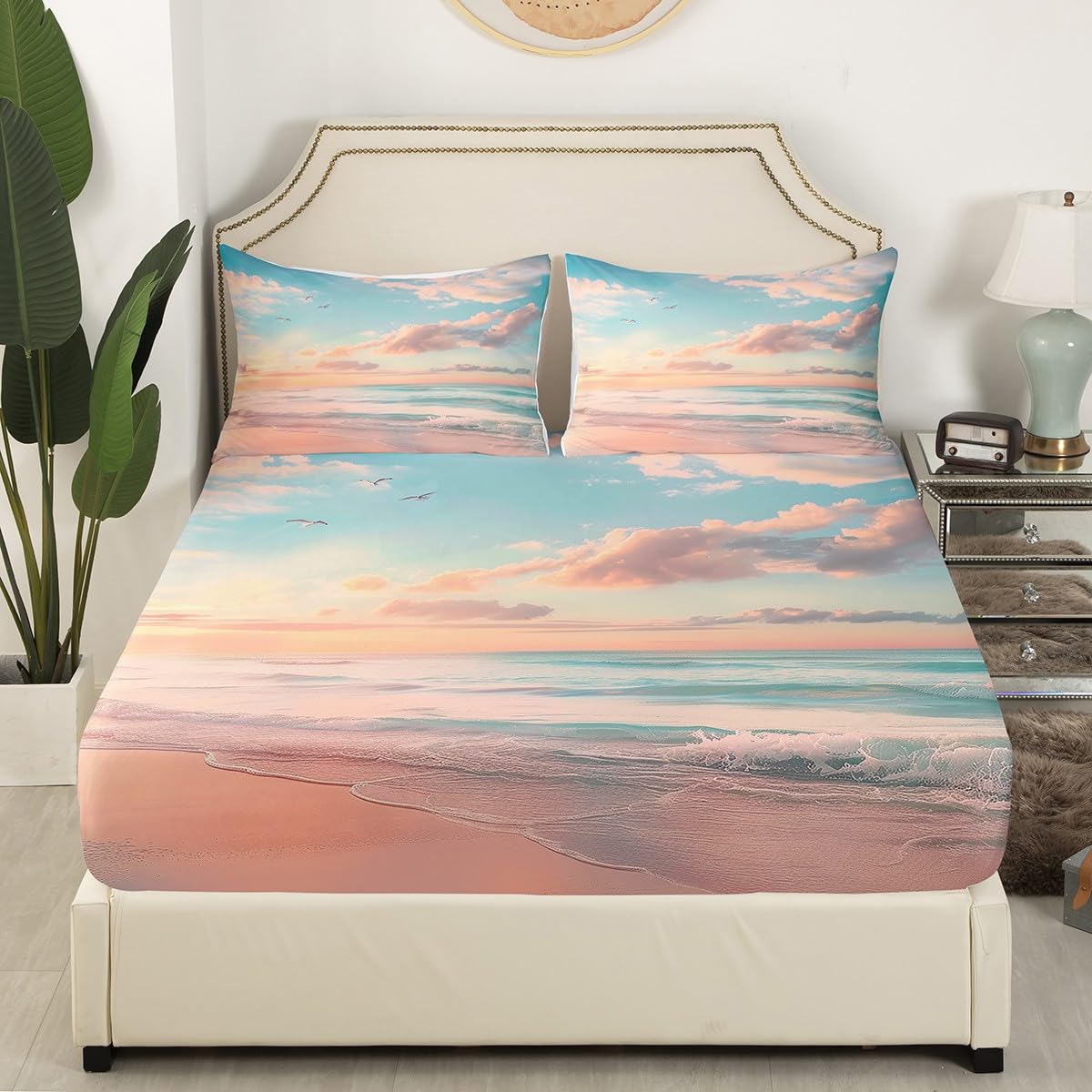 jejeloiu Beach Theme Fitted Sheet Full Size Kids Summer Ocean Wave Bed Sheets Set for Boys Girls Teens Sea Marine Coastal Natural Scenery Bedding Set Room Decor