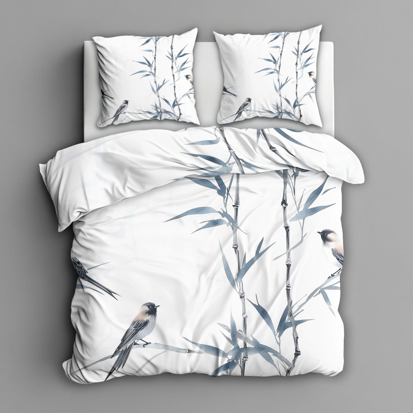 zcwl Bamboo Bird Print Duvet Cover Oversized King Size | Japanese Bedding Set | 3 Piece | Soft Microfiber Patterned Comforter Cover with Zipper Ties & 2 Pillowcases | Asian Botanical Bedroom Decor