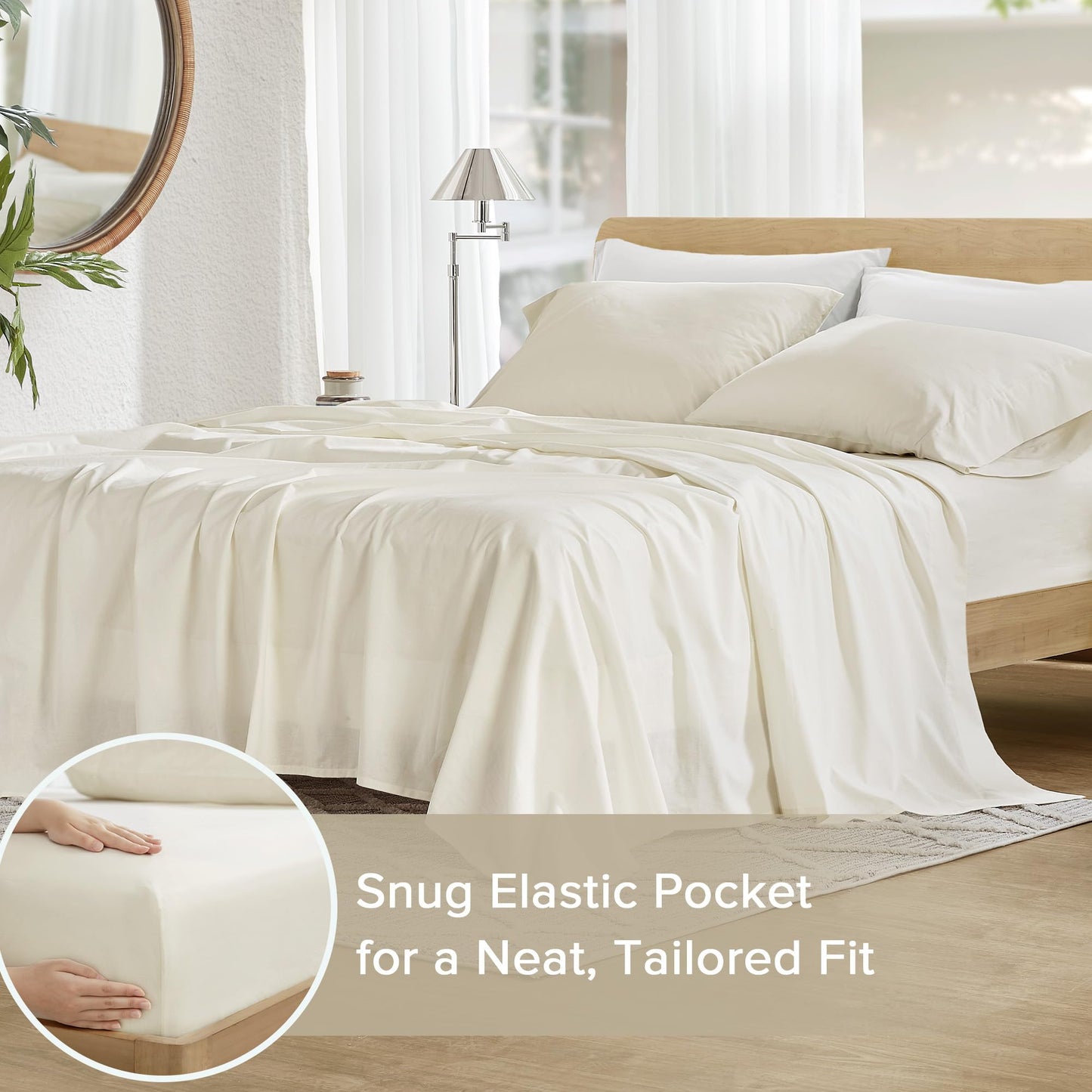 Comfort Spaces 100% Cotton Sheets Full, Breathable & Ultra Soft Cotton Sheets, Naturally Cool Cotton Bed Sheets with 14" Elastic Pocket Fits up to 16" Mattress, All Season Sheet Set, Ivory 4 Piece