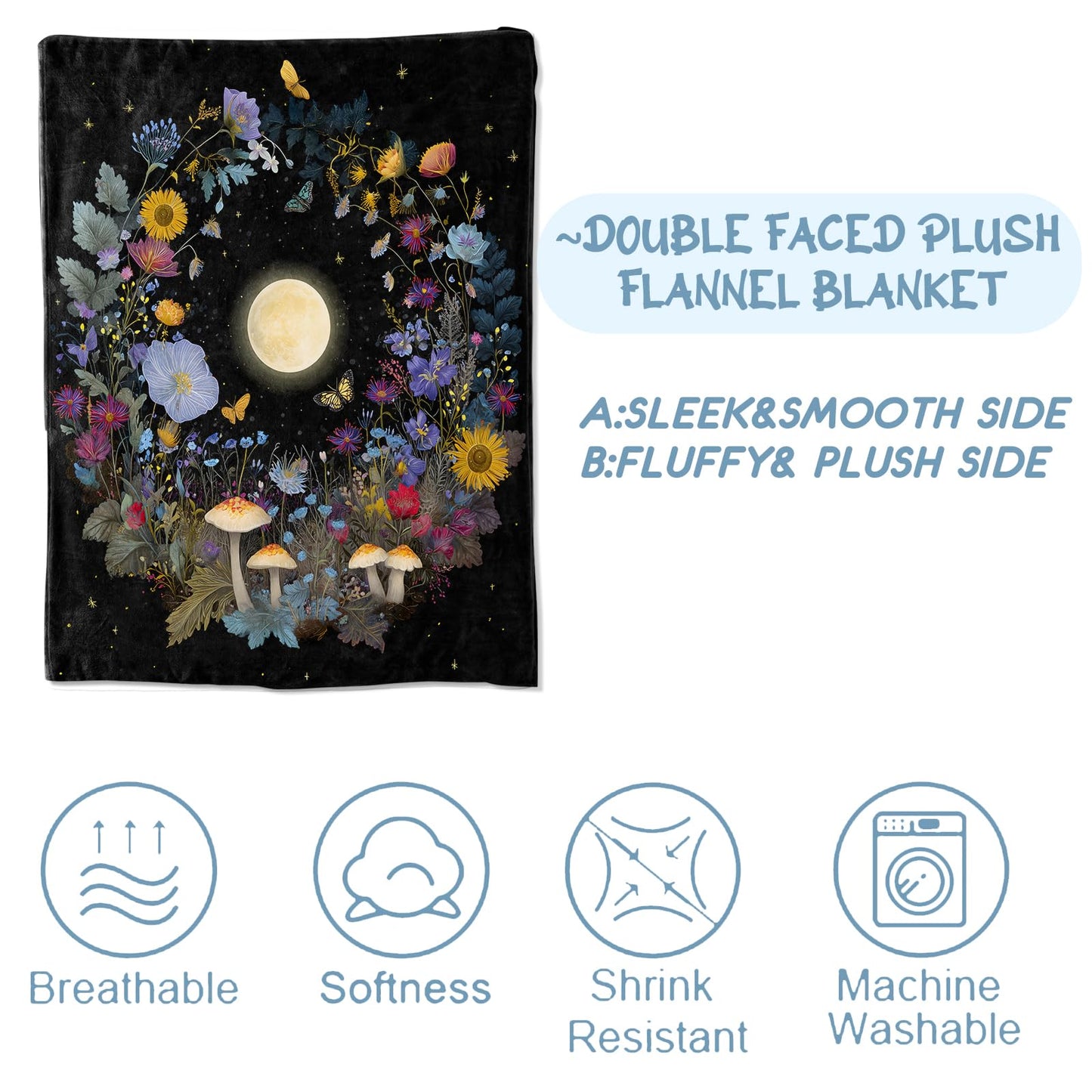 Zeleda Moon Blanket, Gifts for Flower and Nature Lovers, Lightweight Flannel Throw Blankets, Floral Wreath with Mushroom and Butterfly Night Throws Home Decor, for Couch Living Room Office, 60x50inch