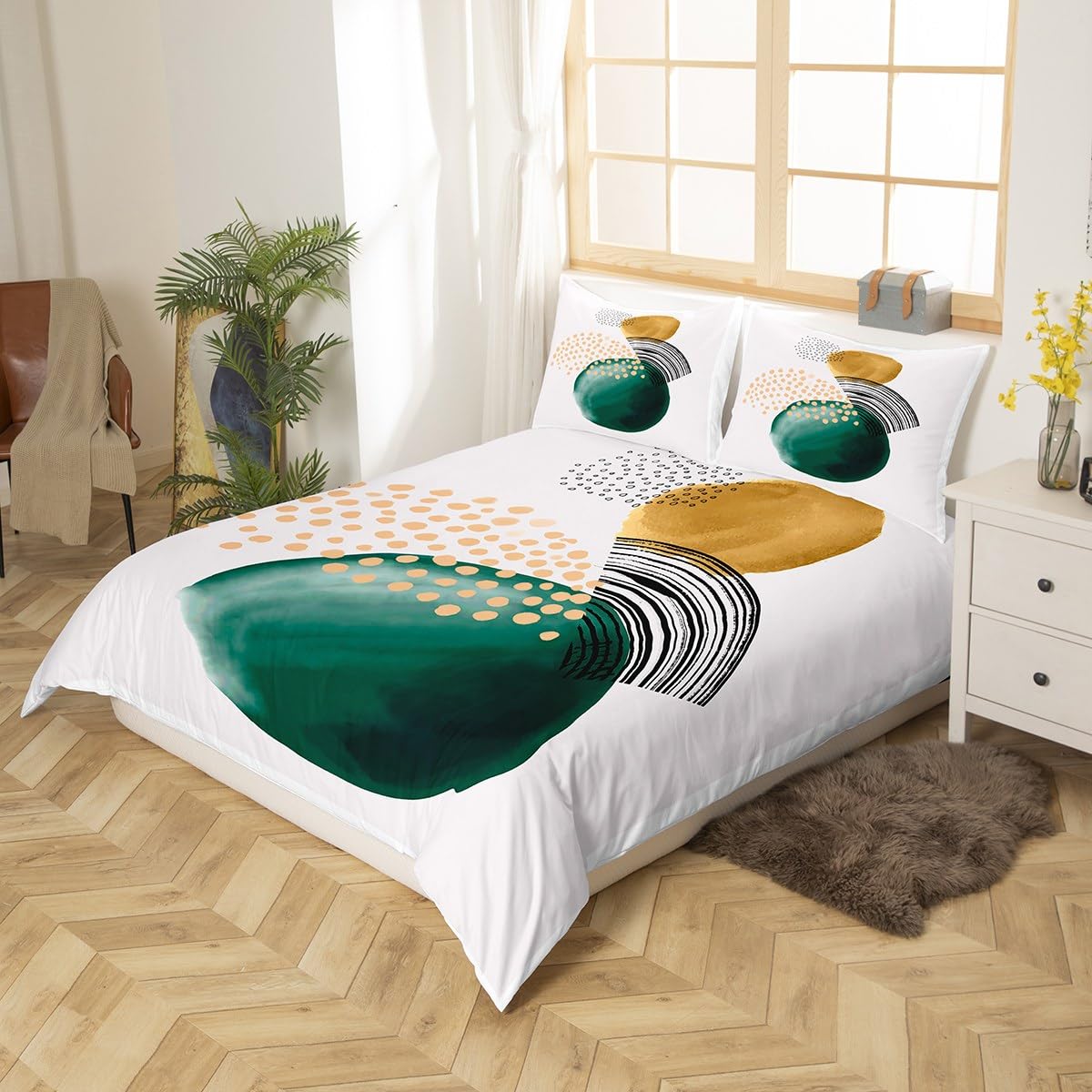 Erosebridal Abstract Artwork Bedding Sets Queen Geometric Circle Comforter Cover, Aesthetic Minimalist Bed Set Blackish Green Turqoise Duvet Cover, Beige White Quilt Cover Cozy Soft 3pcs