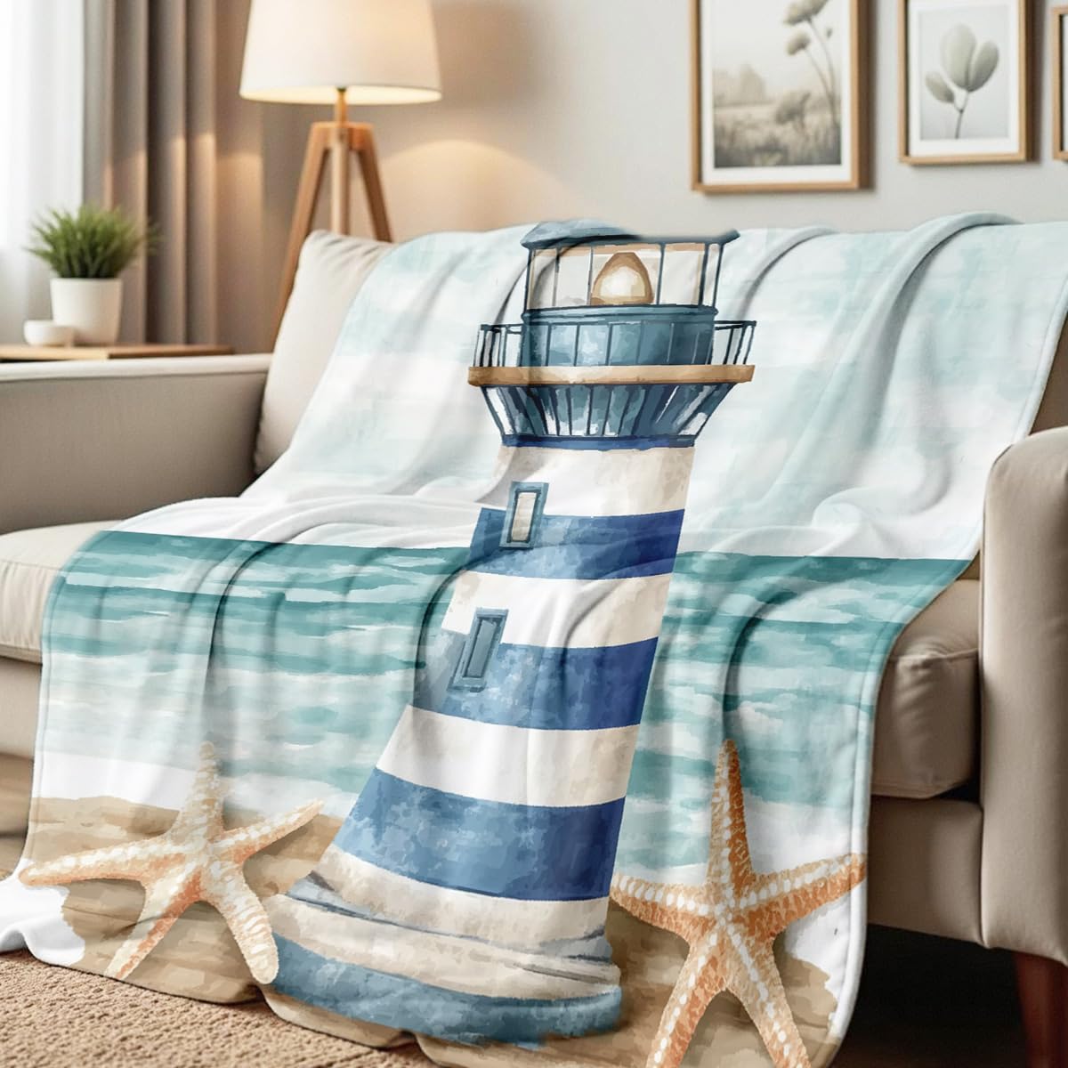 HUNXIAOJ Lighthouse Print Throw Blanket Coastal Flannel Blanket for Couch Bed Nautical Lighthouse Throw Soft Bedding Beach Bedroom Decor Gifts (49"x59")