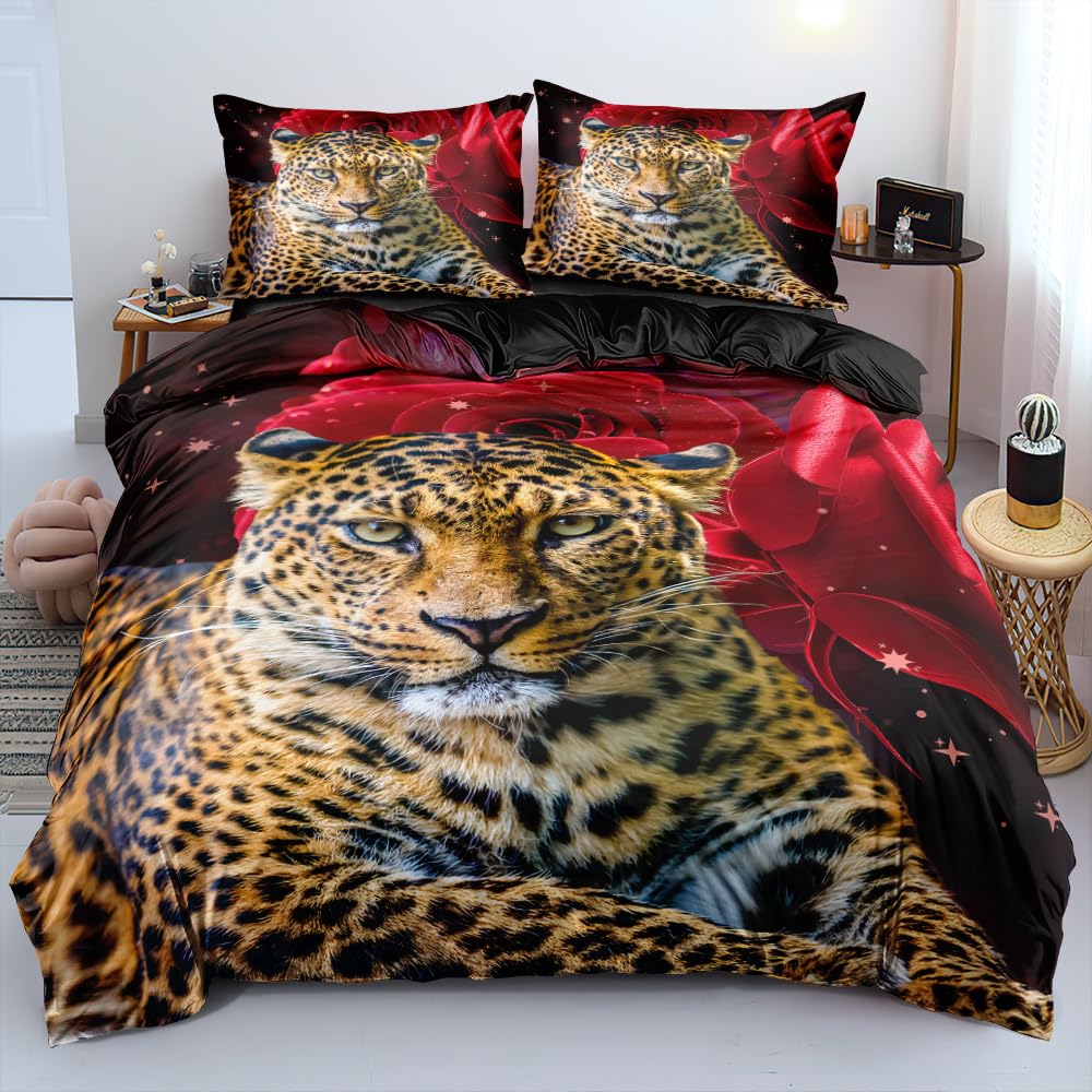 Holiyjog Animal and Red Roses King Size Duvet Cover Set Flowers Leopard Comforter-Cover and Pillowcases Black Background Cheetah Print Bedding Set Leopard Bedroom Decor