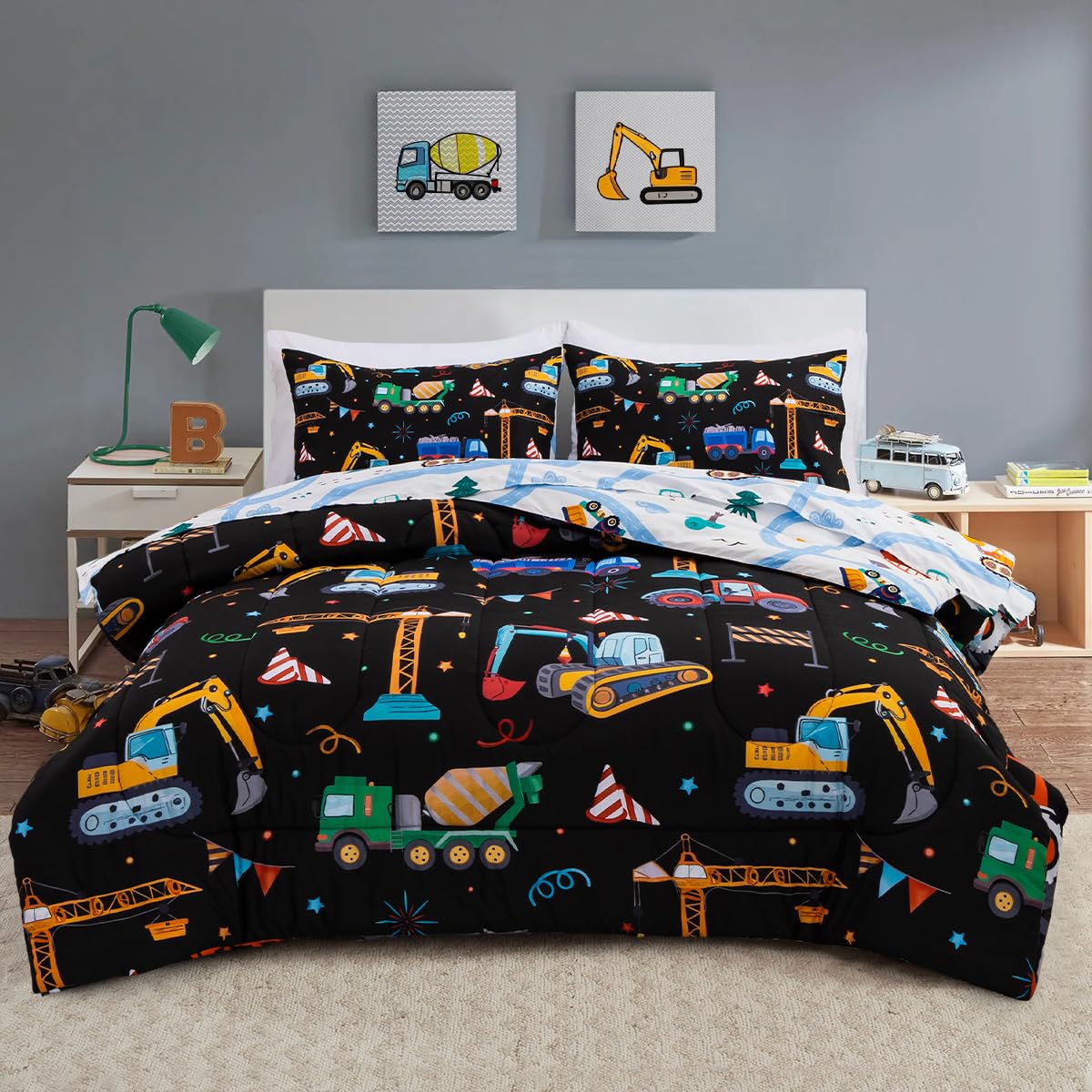 Holawakaka Trucks Tractors Cars Boy Bedding Comforter Set with Sheets, Twin Size Cartoon Construction Car Excavator Print Kids Bed in A Bag 5-Piece, Boys Reversible Dorm Bed Sets (Black Twin)