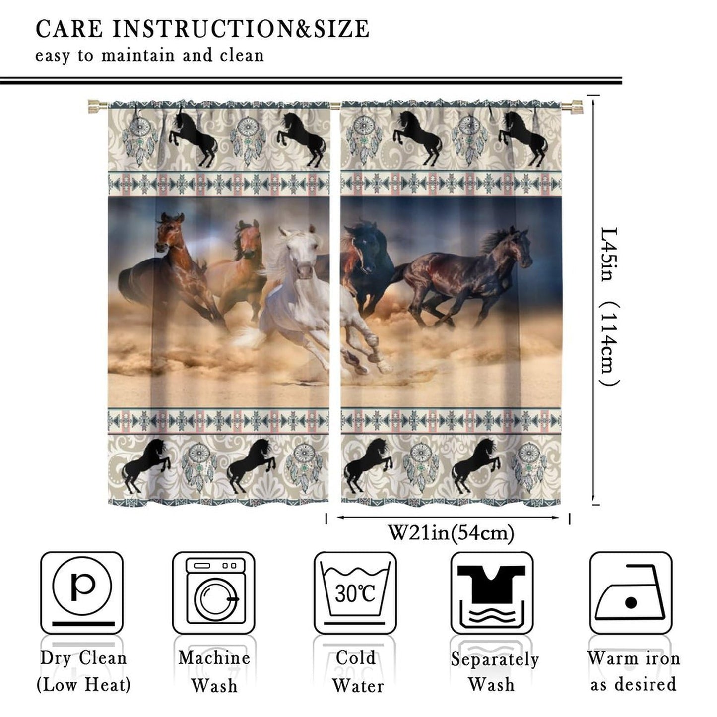 LOMADIA Horse Blackout Curtain, Western Rustic Farmhouse Aztec Style Drapes Farm Animals Run Horse Window 2 Panels Rod Pocket Curtain for Kitchen Living Room Bedroom Office Decor 42x45in