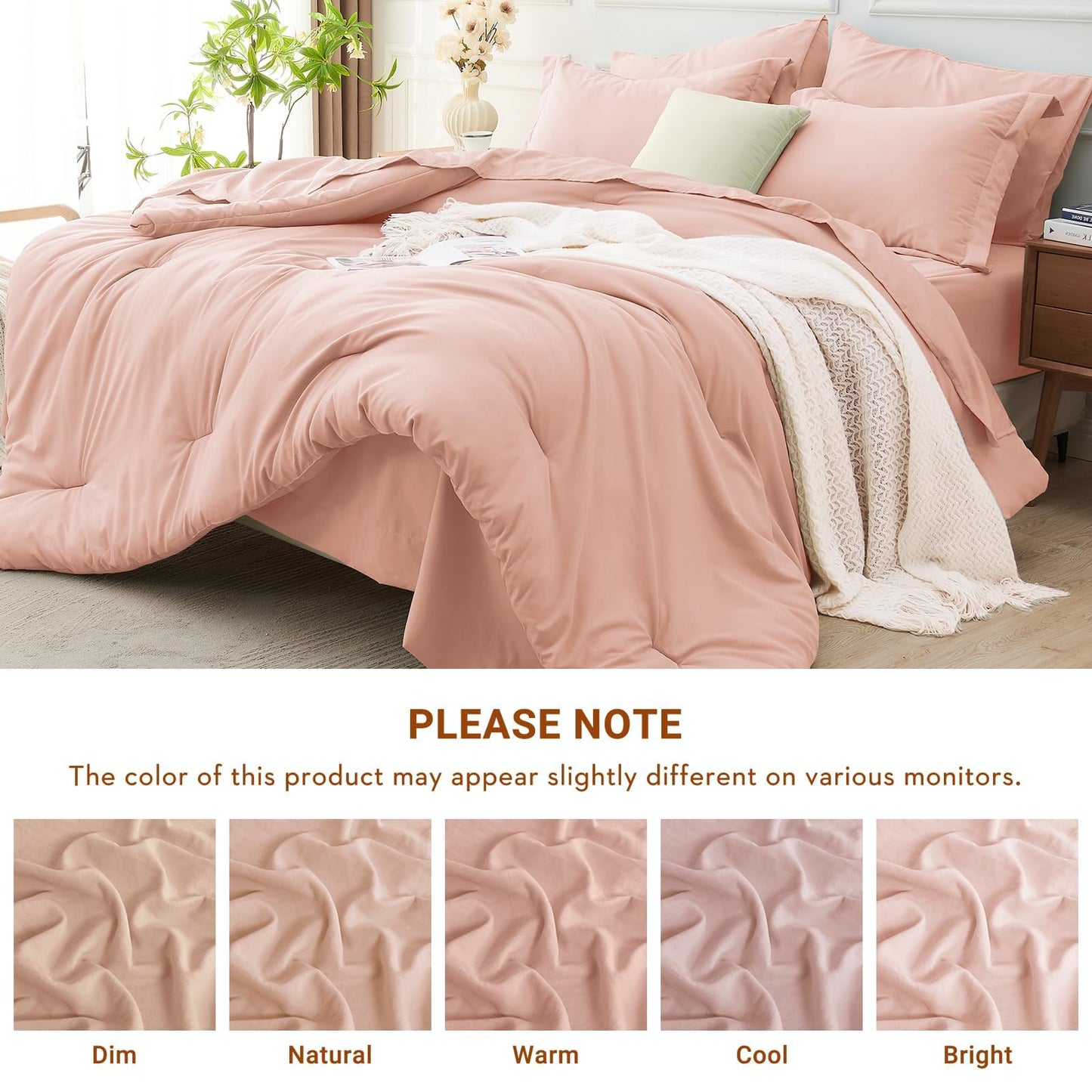 MUXHOMO 7 Pieces King Comforter Set, Soft Bed in a Bag King Size, All Season Bedding Set with Comforter, Flat Sheet, Fitted Sheet, Pillowcases & Shams, Rose Gold