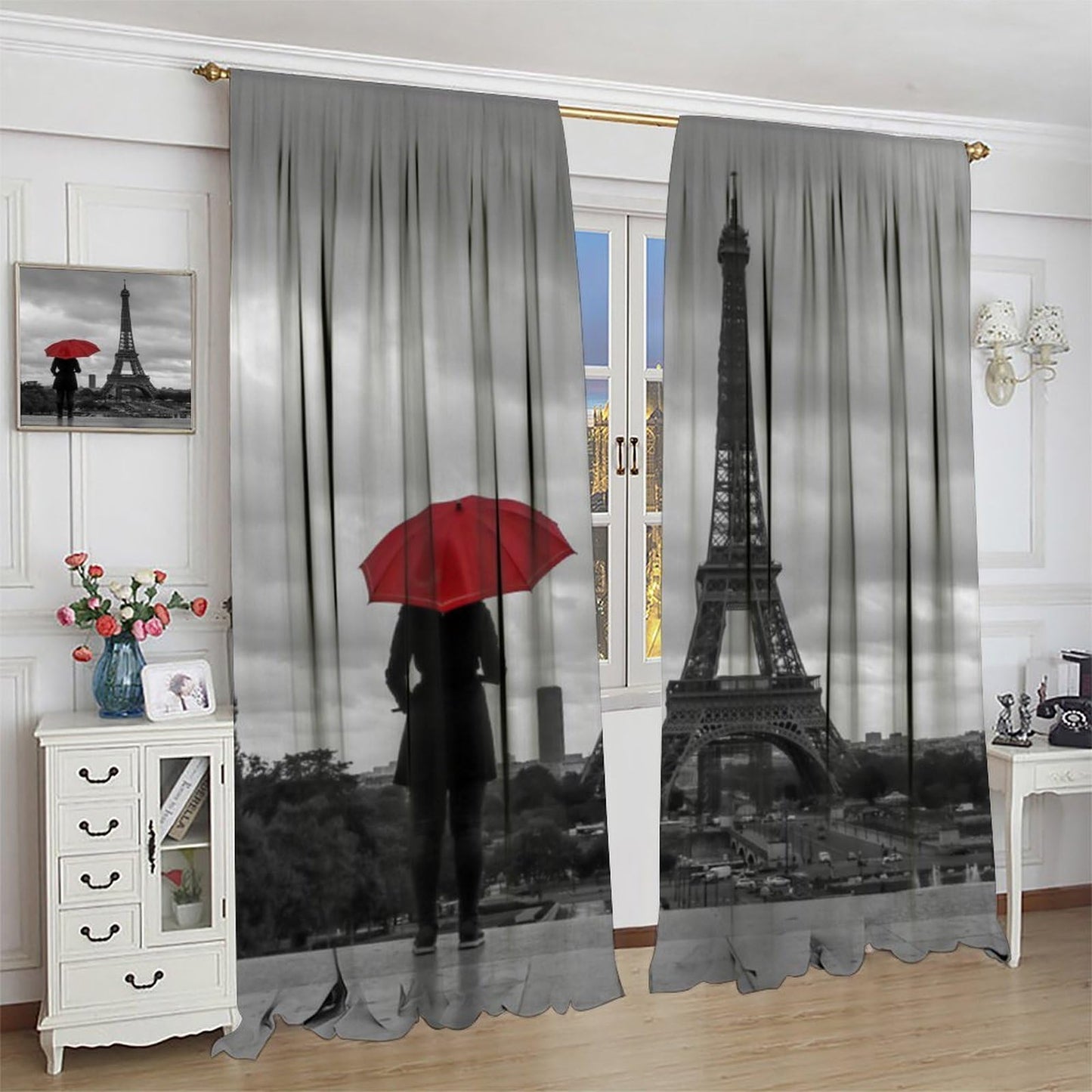 ACOOLTD Paris Eiffel Tower Window Curtains Black Red Umbrella White Style Rod Pocket Blackout Treatments for Living Room Bedroom Home Decor Window Drapes 2 Panels 42" W X 45" L