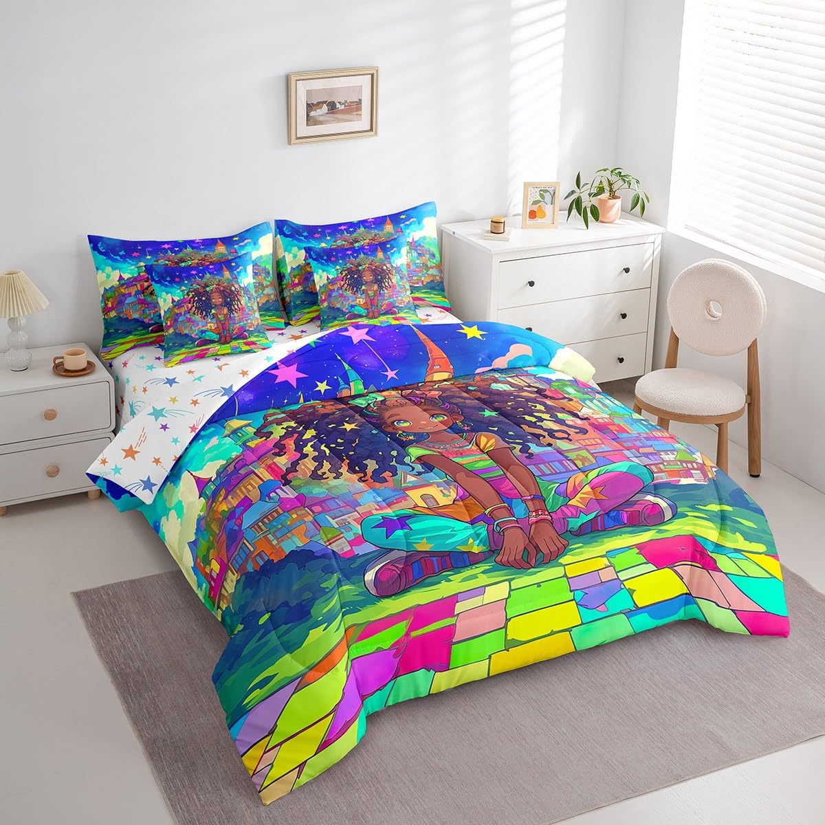 jejeloiu Kids Cute Black Girl Comforter Set 7 Pieces Full Size African American Girl Bedding Set Star Print Bed in a Bag with Comforter, Sheets, Pillowcases & Cushion Covers（No Glitter）