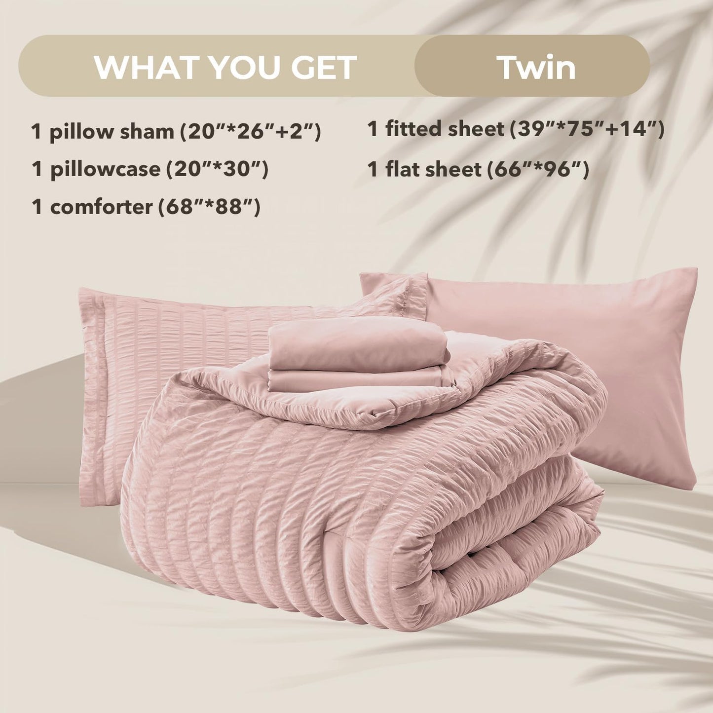 HYMOKEGE Rose Gold Twin Comforter Set Seersucker 5 Pieces, All Season Luxury Bed in a Bag Queen for Bedroom, Bedding Set with Comforter, Sheets, Pillowcase & Sham