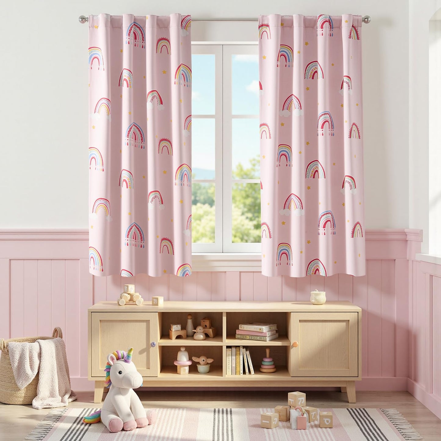 Vangao Blackout Curtains for Kids Bedroom Rainbow Pink Nursery Curtains 63 Inch Length Short Drapes for Teen Girls Thermal Insulated Room Darkening Boho Light Blocking for Living Room Set of 2