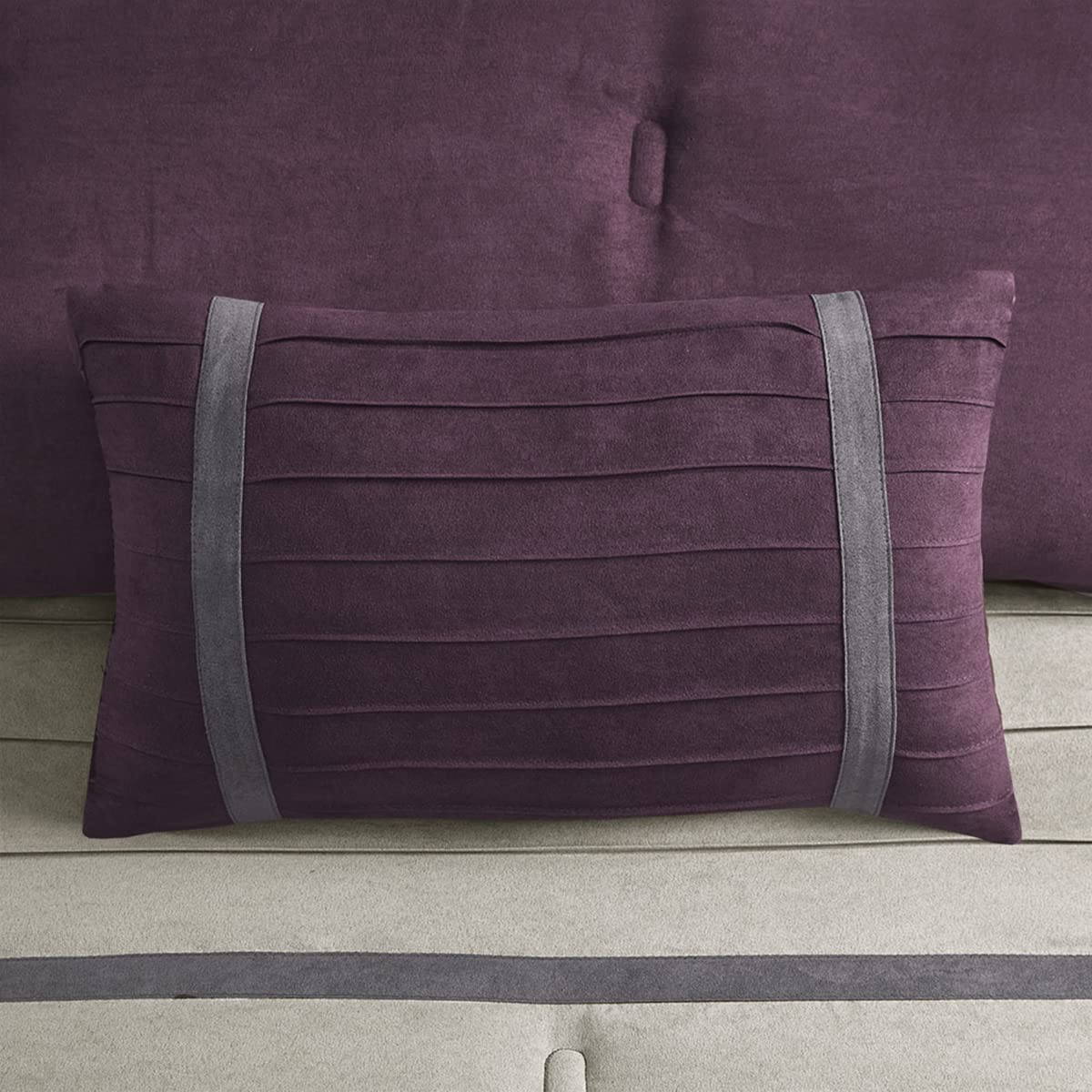 Madison Park Palmer Comforter Set - Faux Suede Design, Striped Accent, All Season Bedding, Shams, Decorative Pillow, Bed Skirt, Queen (90 in x 90 in), Purple 7 Piece