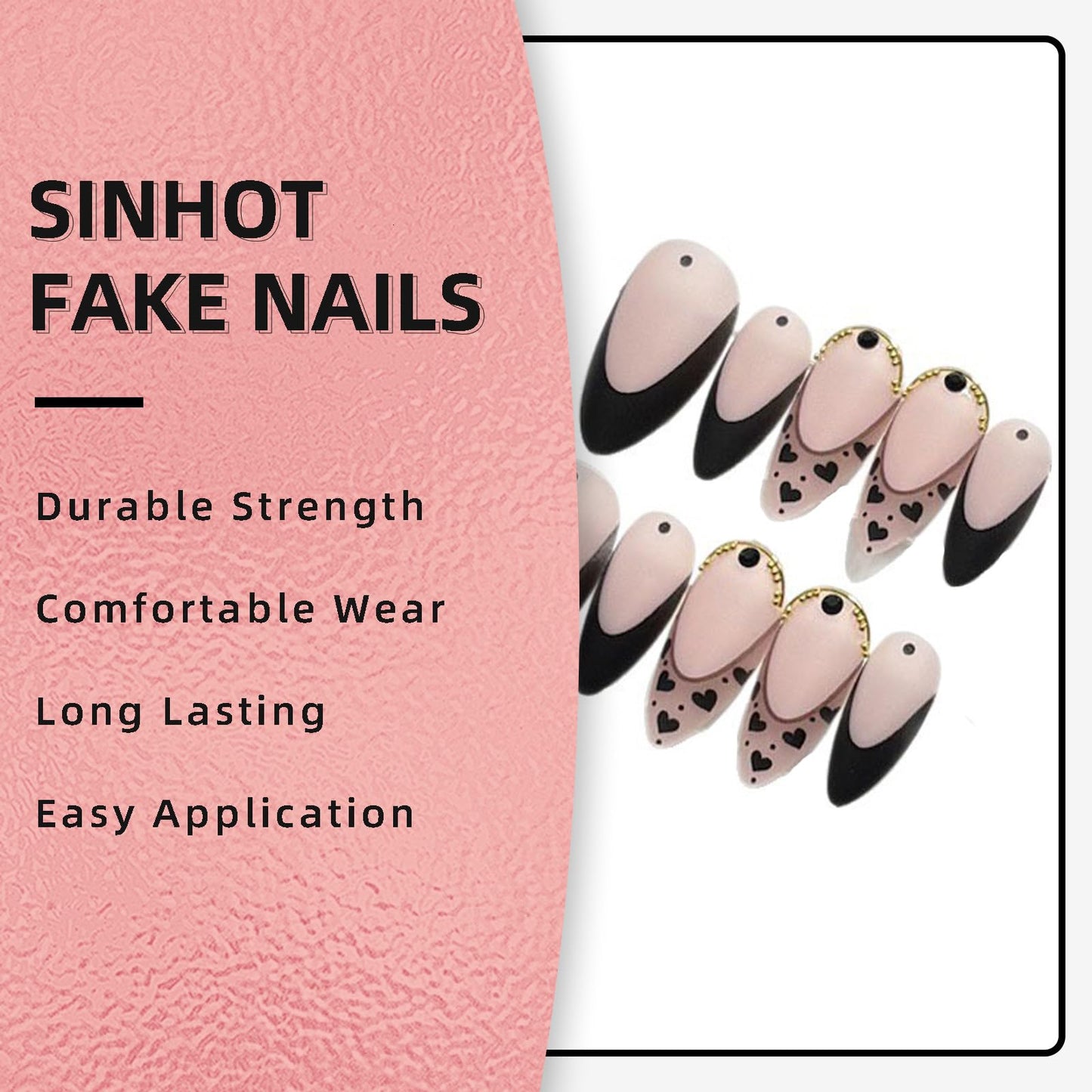 SINHOT French Tip Press on Nails Medium Almond Fake Nails Glossy False Nails Stiletto Glue on Nail with Design Cute Black Graffiti Full Cover Acrylic Nail (24Pcs,1 Glue)
