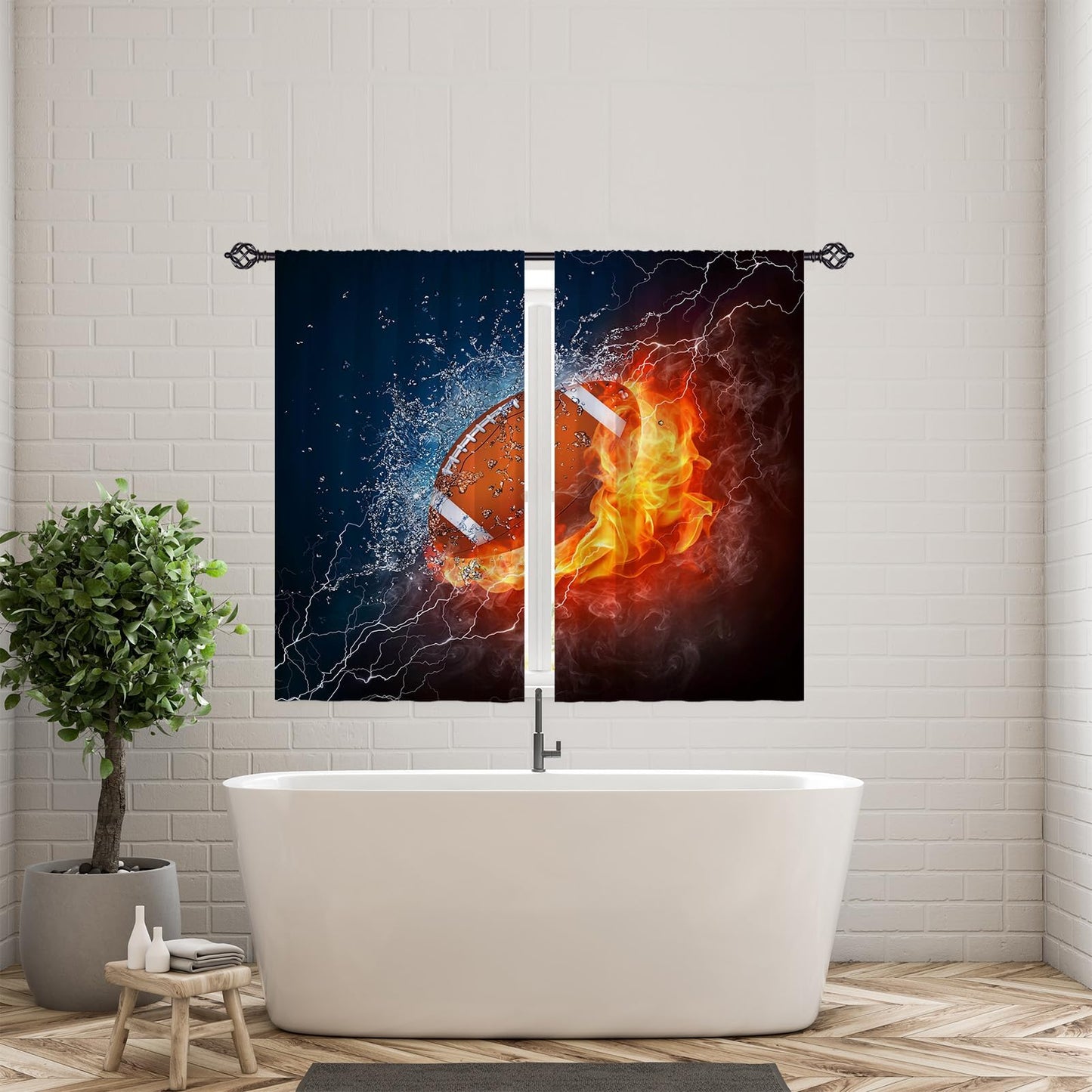 YUANZU Kids Football Curtains W42 x L63 Inch Rod Pocket Sports Water Fire Rugby Flame Thunder Lightning Print Pattern Privacy Fabric Window Drapes for Boys Bedroom Nursery Baby Playroom 2 Panels