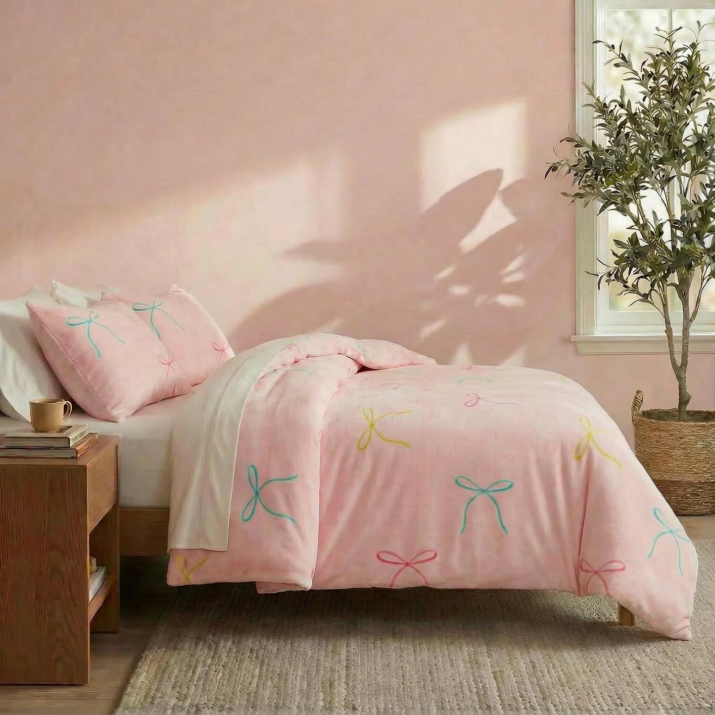 Bedbay Pink Bow Comforter Set King Size Warm Fluffy Fleece Bedding Set Cute Bowknot Teen Girls Ultra Soft Plush Velvet Comforter King Bed Set Sweet Bow Tie Dreamy Princess Style Bedding 3 Pcs