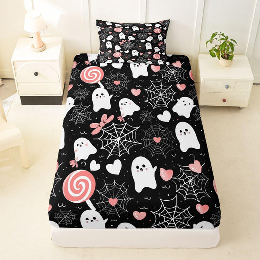 Feelyou Ghost Fitted Sheet Twin Size for Kids Boys Girls Misty Forest Bed Sheets Set 16" Deep Pocket Soft Breathable Microfiber Trick or Treat Bedding with 1 Pillowcase Candy Room Decor Spider Web