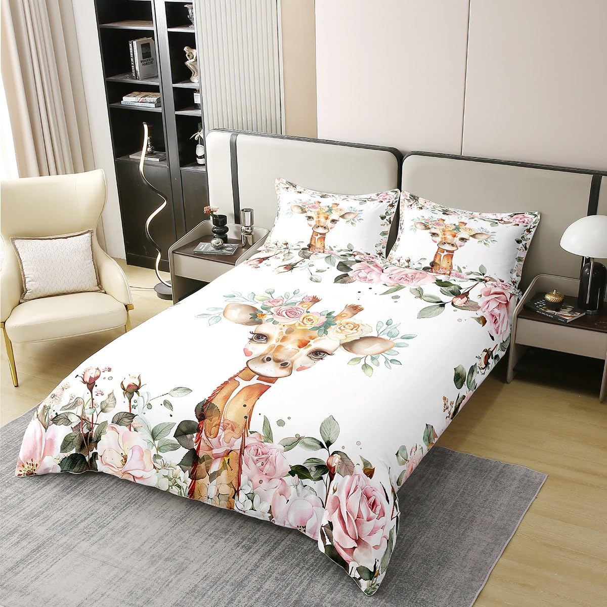 100% Cotton Kids Cartoon Animal Comforter Cover Cute Giraffe Bedding Sets Pink Rose Duvet Cover Queen Size Girls Floral Flower Quilt Cover,Wildlife Giraffe Skin Bedspread Cover Botanical Room Decor