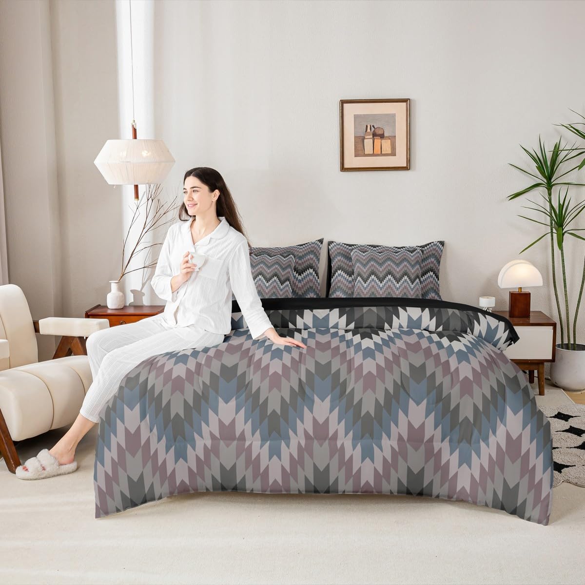 Erosebridal Aztec Geometric Bed in A Bag King 7 Pcs Farmhouse Western Comforter Set for Women Men Country Native American Bedding Sets Black Grey Ethnic Aesthetic Sheet Set with Comforter