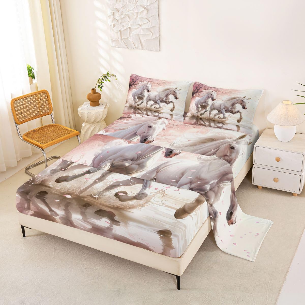 jejeloiu Galloping Horse Bed Sheets Sets Queen Size Kids Boys Girls Horse Bedding Set Cute Animal Decor Bed Sheet Set with 16-Inch Deep Pockets Western Farmhouse 4Pcs with 2 Pillow Cases