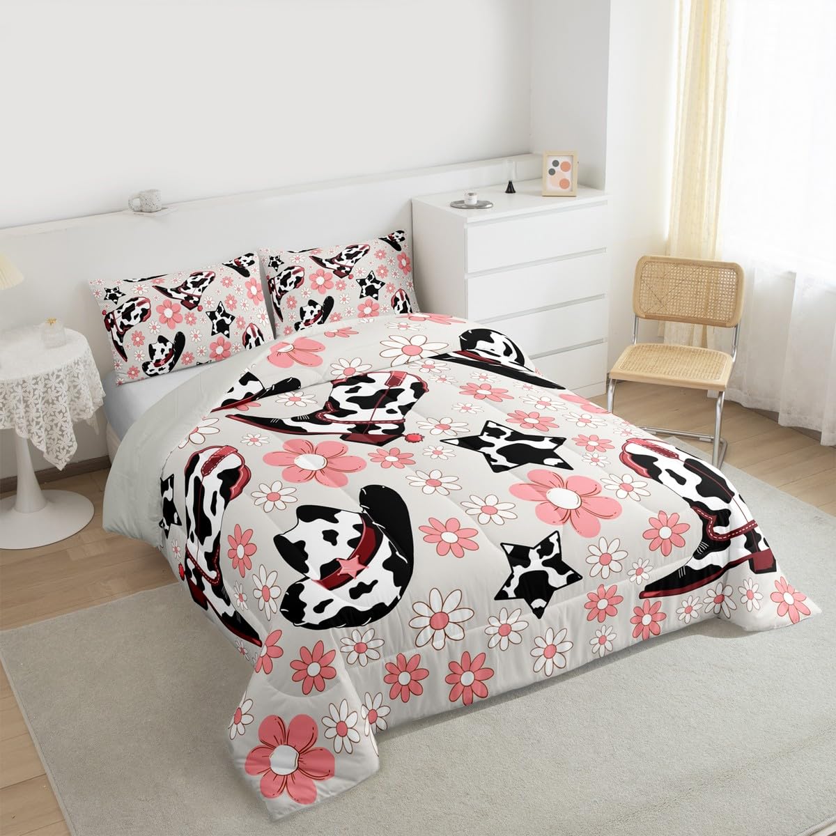 Feelyou Western Bedding Set Soft for Boys Girls, Cowgirl Floral Comforter Set Full Size Western Cowboy Boots Duvet Quilt Wild West Cactus Flower Bedroom Decor Gray Pink 3 Pcs with 2 Pillow Cases