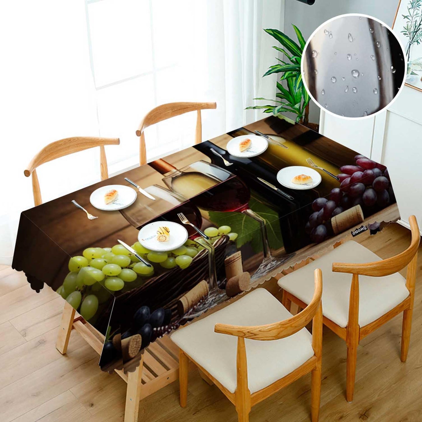 Swono 52x70 Inch Wine Tablecloth Red and White Wine Glass Grapes Wooden Farmhouse Dining Table Cloth Anti-Stain Talking Table Cover for Kitchen Dinning Room Coffee Store