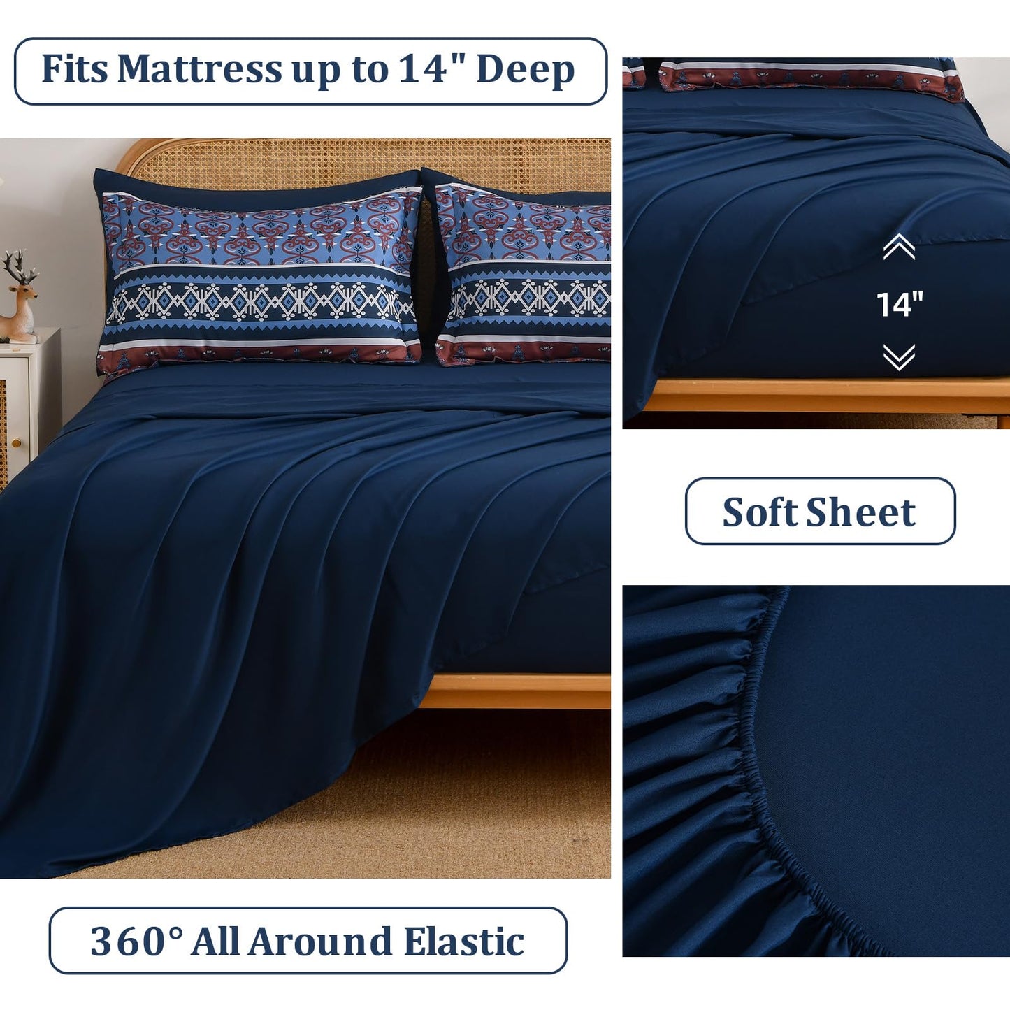Boho Comforter Set Queen Size,7 Pieces Bohemian Comforter Bedding Set Bed in a Bag,Navy Blue Paisley Floral Comfortet and Sheet Set,Soft Striped Bedding Sets for All Season