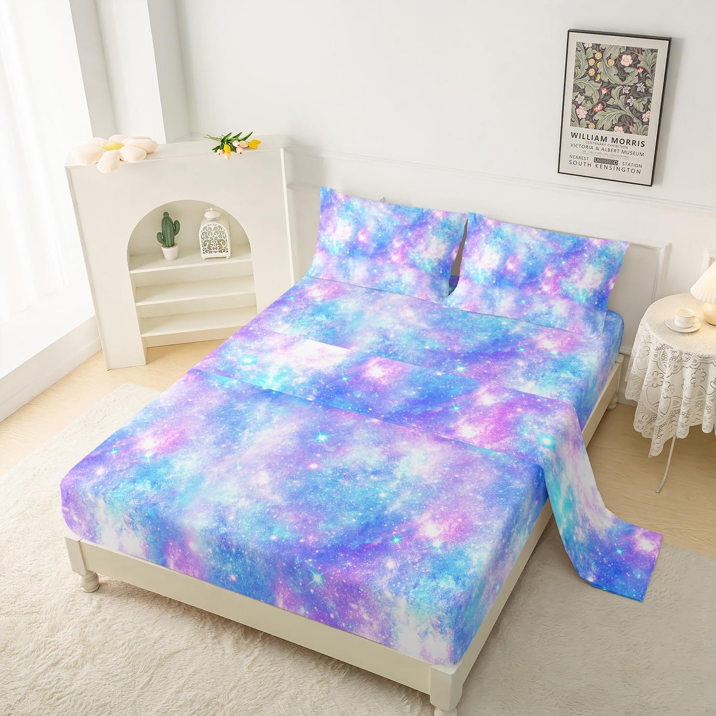 QOOMO Starry Sky Sparkles Bedding for Boys and Girls Tie Dye Print Silky Soft Microfiber Bed Sheets Blue Shining Star Super Soft Queen Size 1 Fitted Sheet, 1 Flat Sheet, 2 Pillow Cases