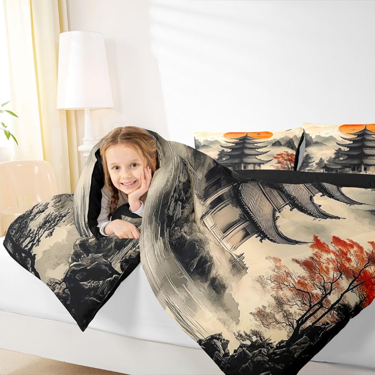 jejeloiu Chinese Ink Painting Bedding Set Soft for Boys Girls, Red Sun Mountain Comforter Set Queen Size Japanese Style Duvet Quilt Microfiber Bedroom Decor 3 Pcs with 2 Pillow Cases
