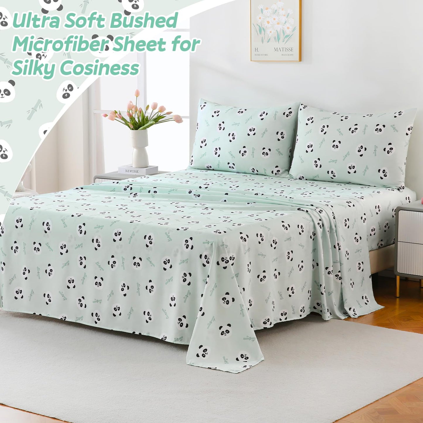 ChicView Twin Sheet Set Kids,3 Pieces Breathable Soft Microfiber Bedsheets for Child Boys Girls, Anti Pilling Deep Pockets Easy Care Bed Sheets, Panda