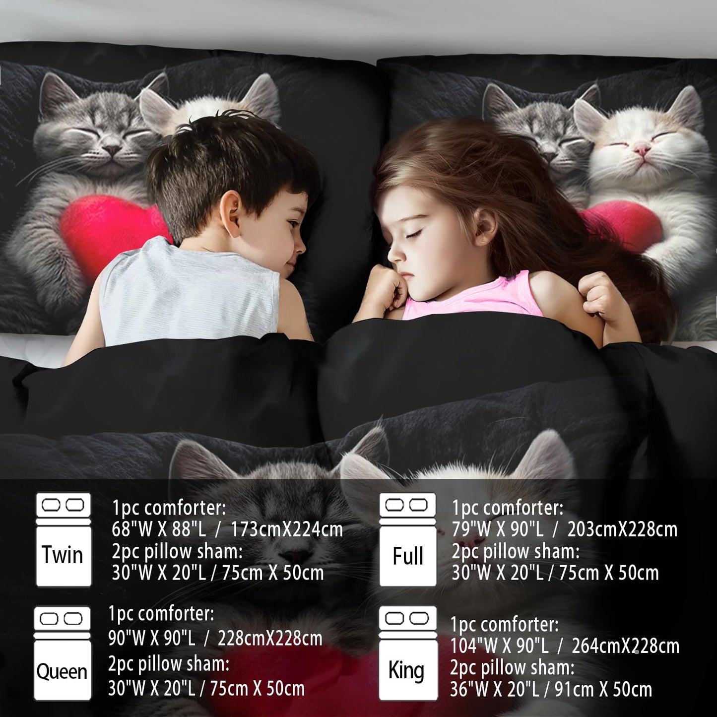 llyxsesty Cute Cat Comforter Set King,Kawaii Cat Bedding Set for Girls,Cute Animal Comforter Red Love Heart Bedding Decor,Kawaii Farm Animal Quilt Patterns Kids and Adults