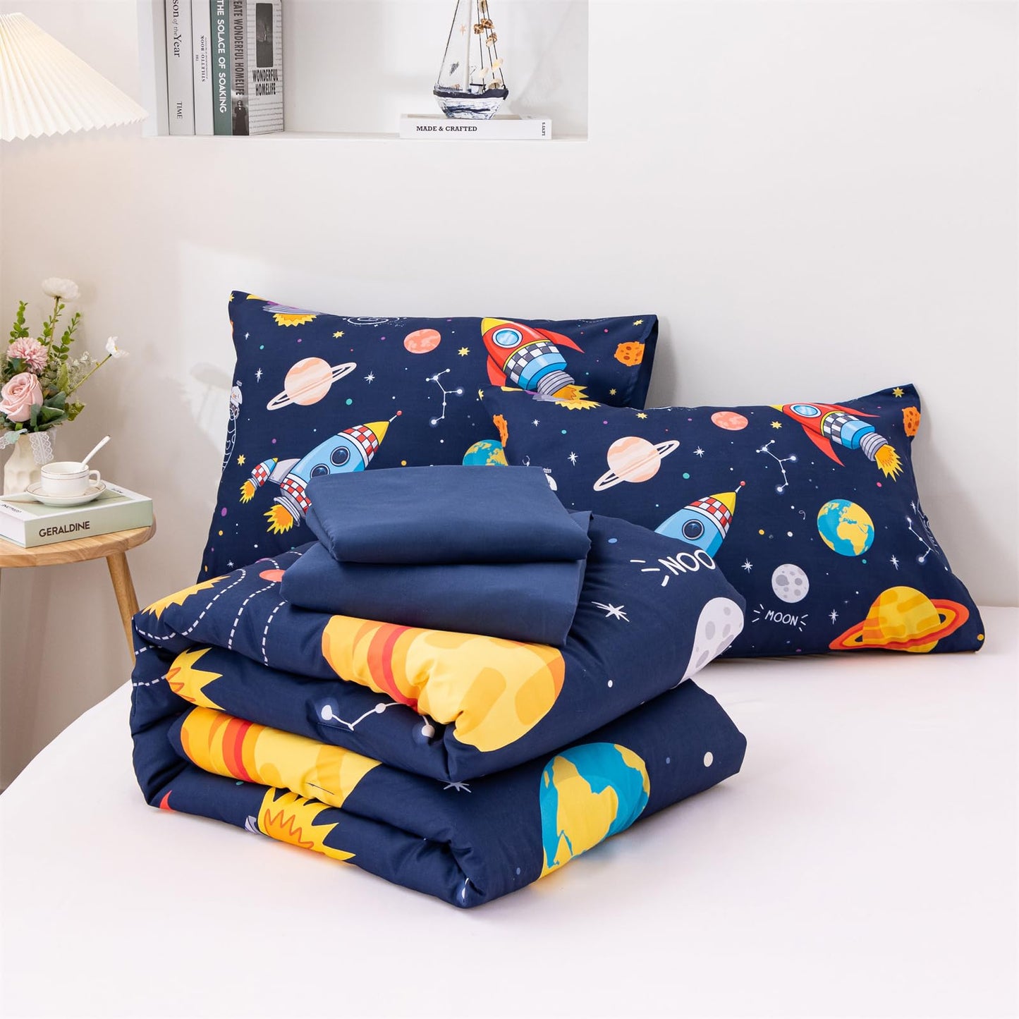 Aimuan Space Comforter Twin Set Kids Rocket Bedding Set Super Soft & Cute Aliens UFO Printed for Boys Girls Teen (Navy, Full 5Pcs)