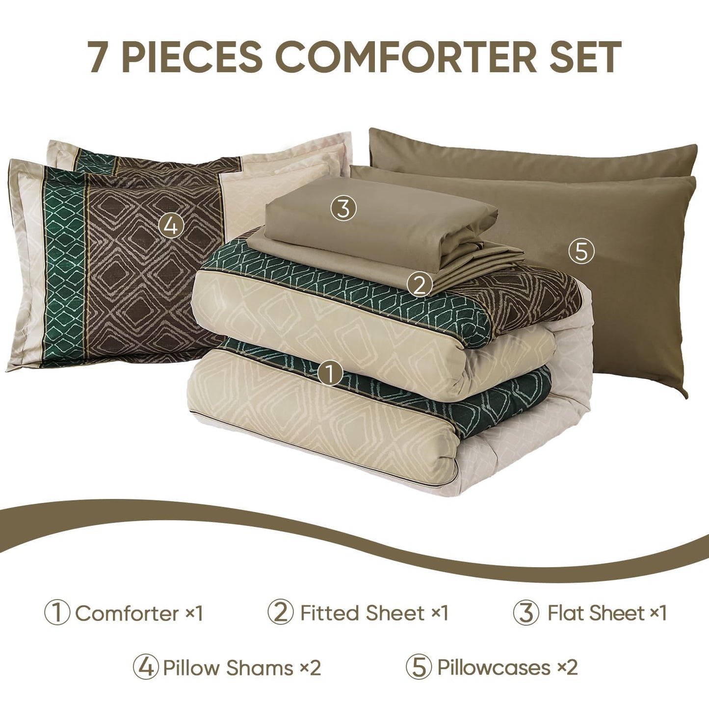 Dinjoy Queen Comforter Set Khaki Boho,7 Piece Bed in a Bag Queen Size Lightweight Striped Beige Bedding Sets Comforters with Plaid Light Brown Bed Set with Sheets for All Season