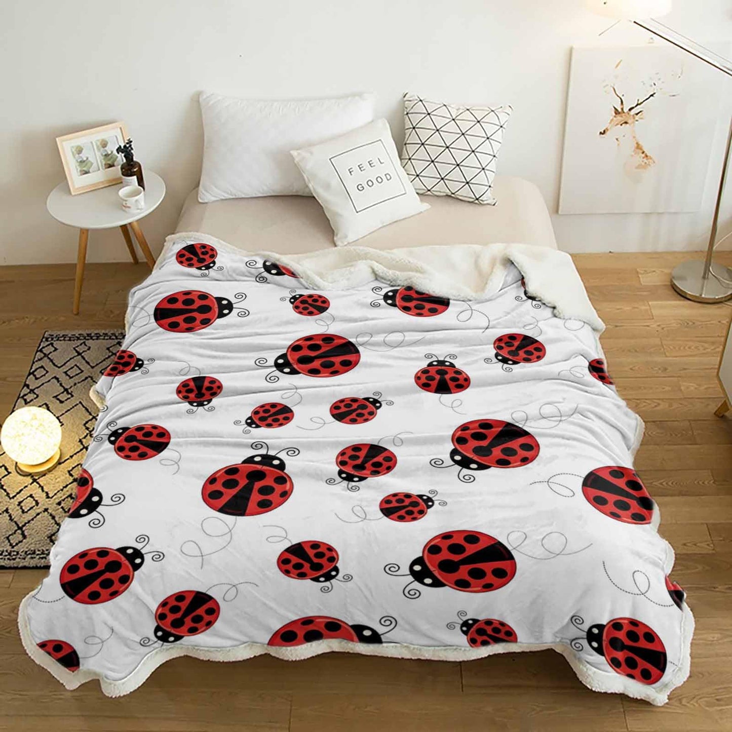 Ladybug Sherpa Fleece Luxury Blanket - Warm & Cozy Super Soft Reversible Throw, 40"x50", Red Ladybug on White Background