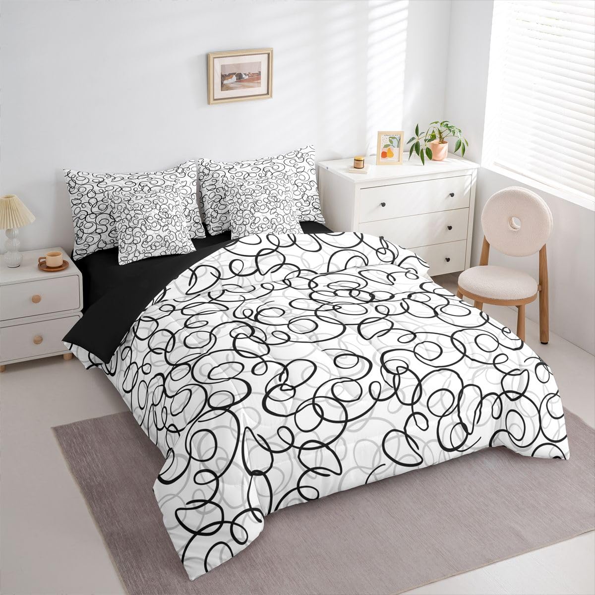 Erosebridal Geometric 7 Piece Comforter Set Queen Bed in A Bag Black Gray White Abstract Swirls Bedding Set for Boys Girls Modern Abstract Texture Bedroom Decor Contemporary Lines Aesthetic Sheet Set