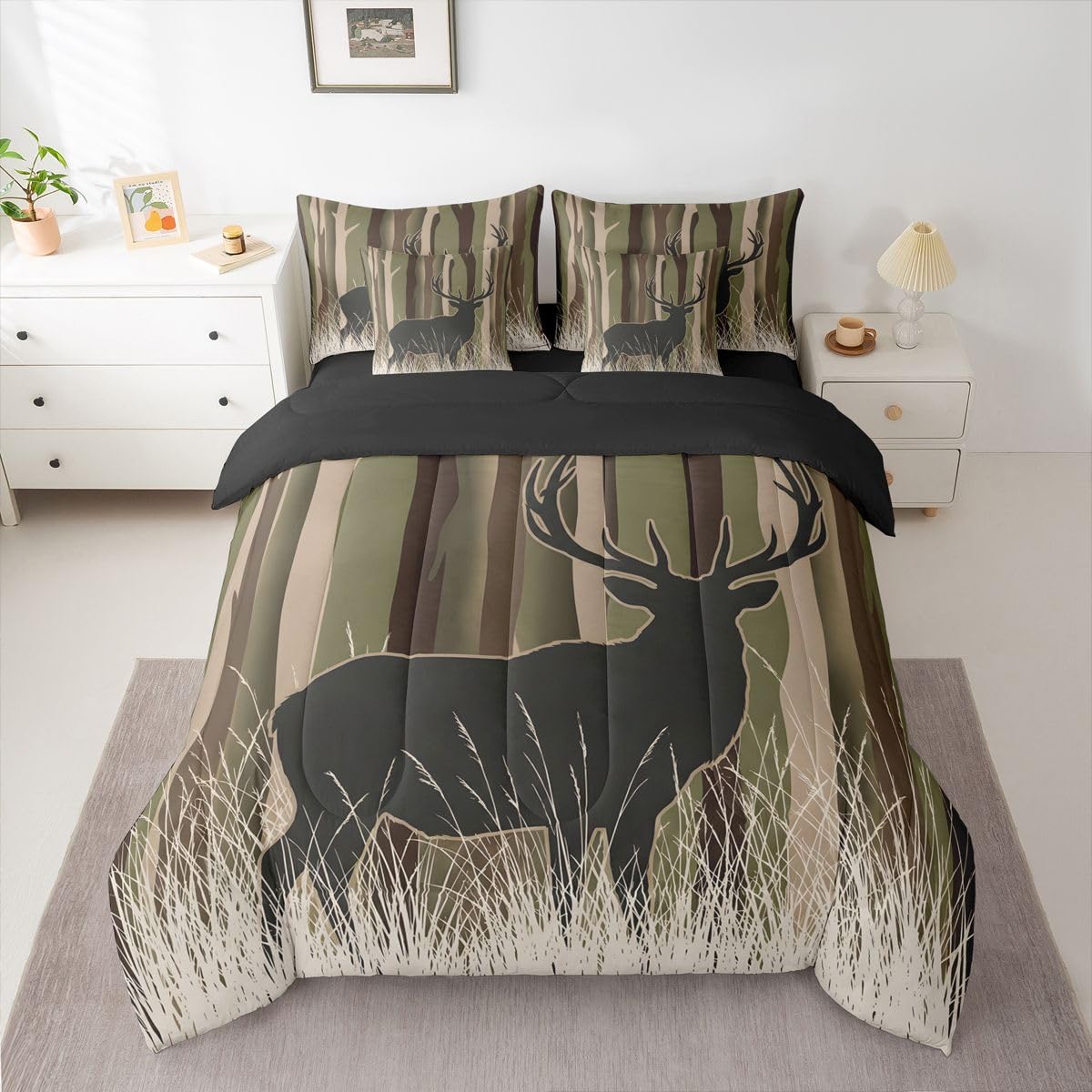 Feelyou Camouflage Deer Comforter Set Twin Size 7 Pieces Deer Hunting Bedding Set for Kids Boys Girls Camo Bed in a Bag with Comforter, Sheets, Pillowcases, Cushion Covers Wild Animal Bedroom Decor