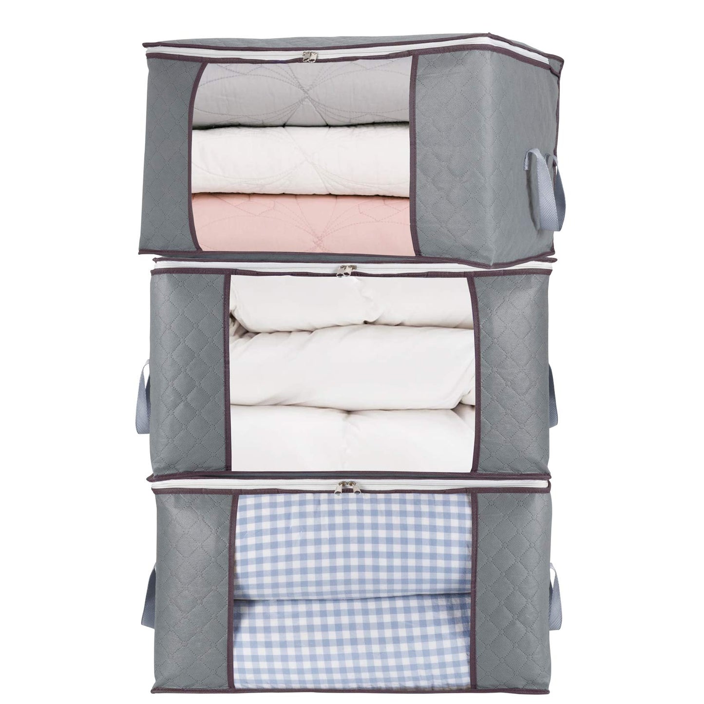 combocube 3Pcs Zippered Storage Bag for Closet King Comforter, pillow, quilt, bedding, Clothes, Blanket Organizers with Large Clear Window & Carry Handles Space Saver