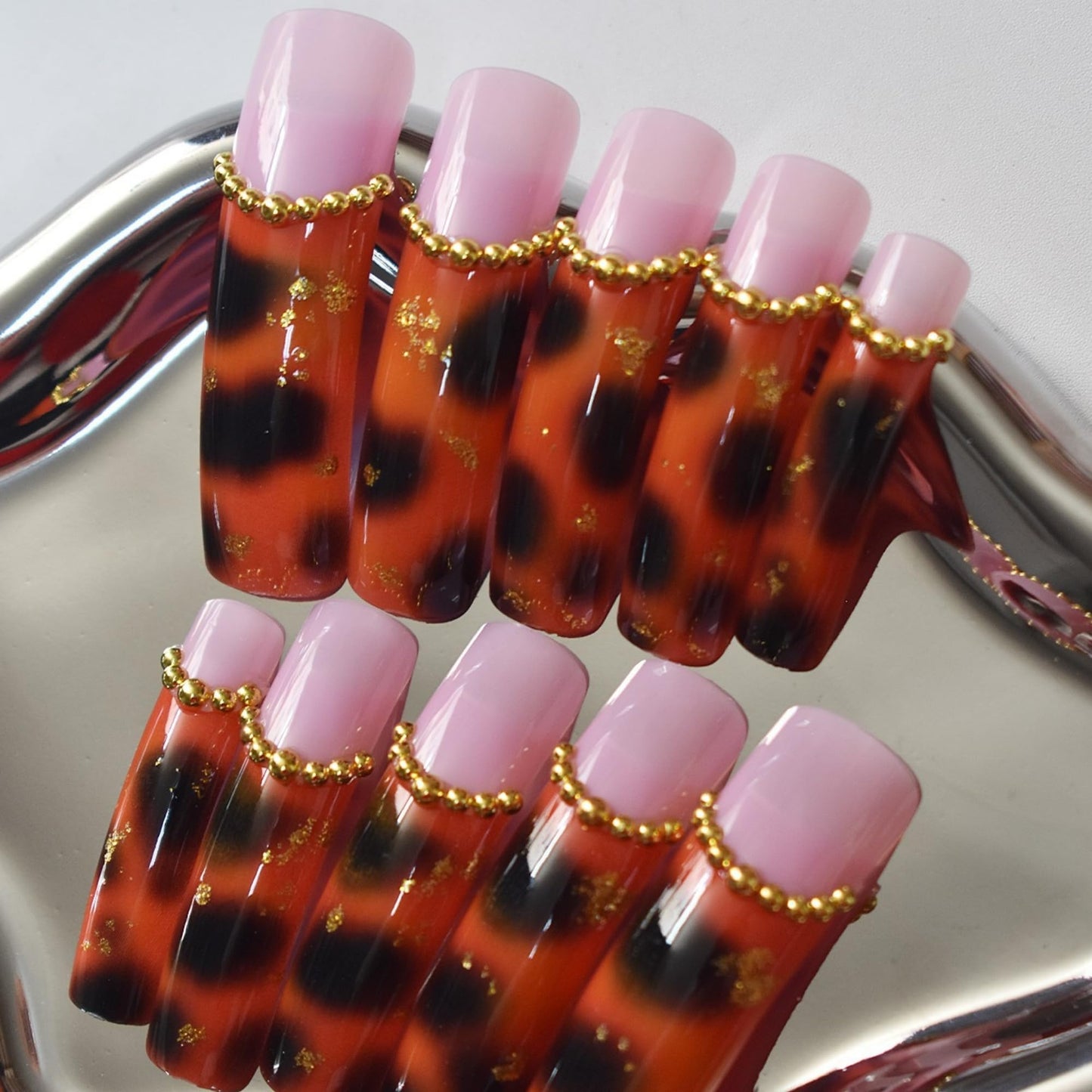 Curved Press on Nails Brown Fake Nails Leopard and Gold Chram Designs Stick on Nail for Women 24pcs