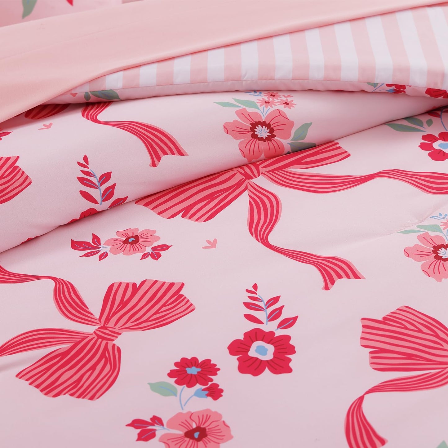 AMBERSPACE Twin XL Comforter Set for Girls, Pink Bow Bedding Set with Cute Floral, All Season Kids Dorm Bed in a Bag 5 Pieces with Sheets, Pillowcase & Sham