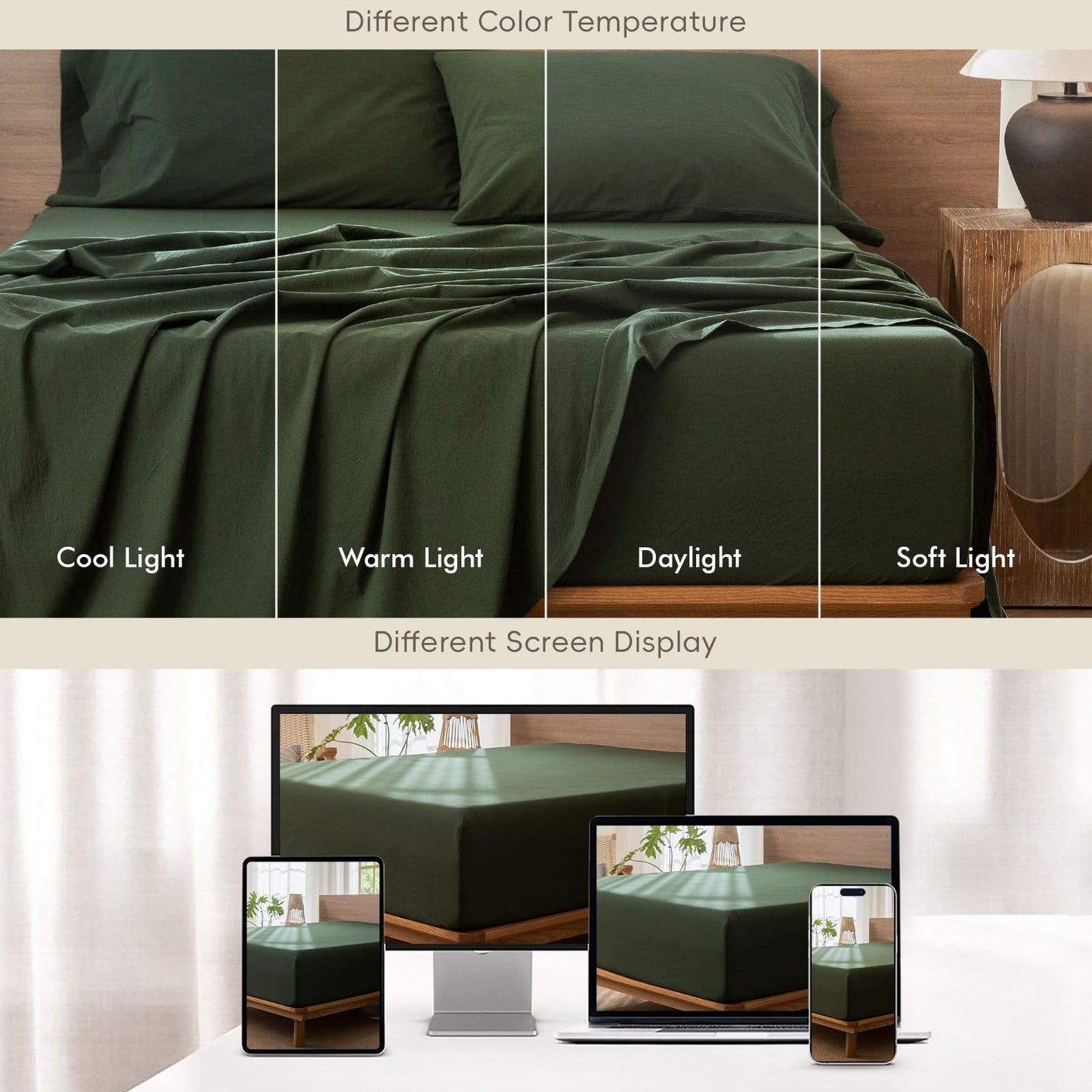 MooMee Fitted Bottom Sheet Only 100% Washed Cotton Linen Like Textured Breathable Durable Soft Comfy Deep Pocket Fits Mattress up to 17" (Forest Green, Queen)
