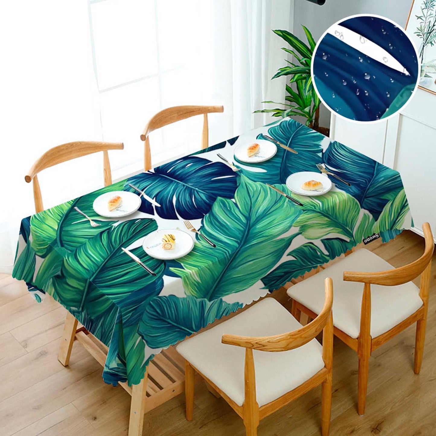 Swono Tropical Leaves Tablecloth Ocean Beach Turquoise Green Palm Leaves Rectangle Table Cloth Washable Plaid Table Cover for Kitchen Holiday Dinner, 52x 70 Inch Tablecloth