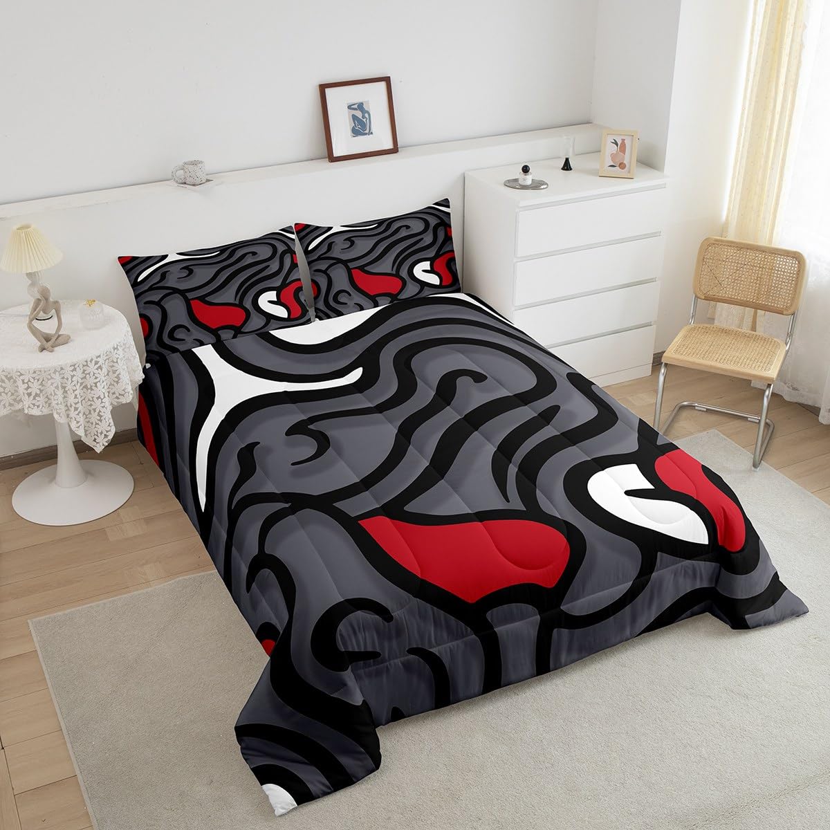 Feelyou Black Red Swirl Comforter Set Kids Abstract Comforter for Women Men Gray Trippy Geometric Bedding Set Breathable Quilted Room Decor Duvet Set Queen Size