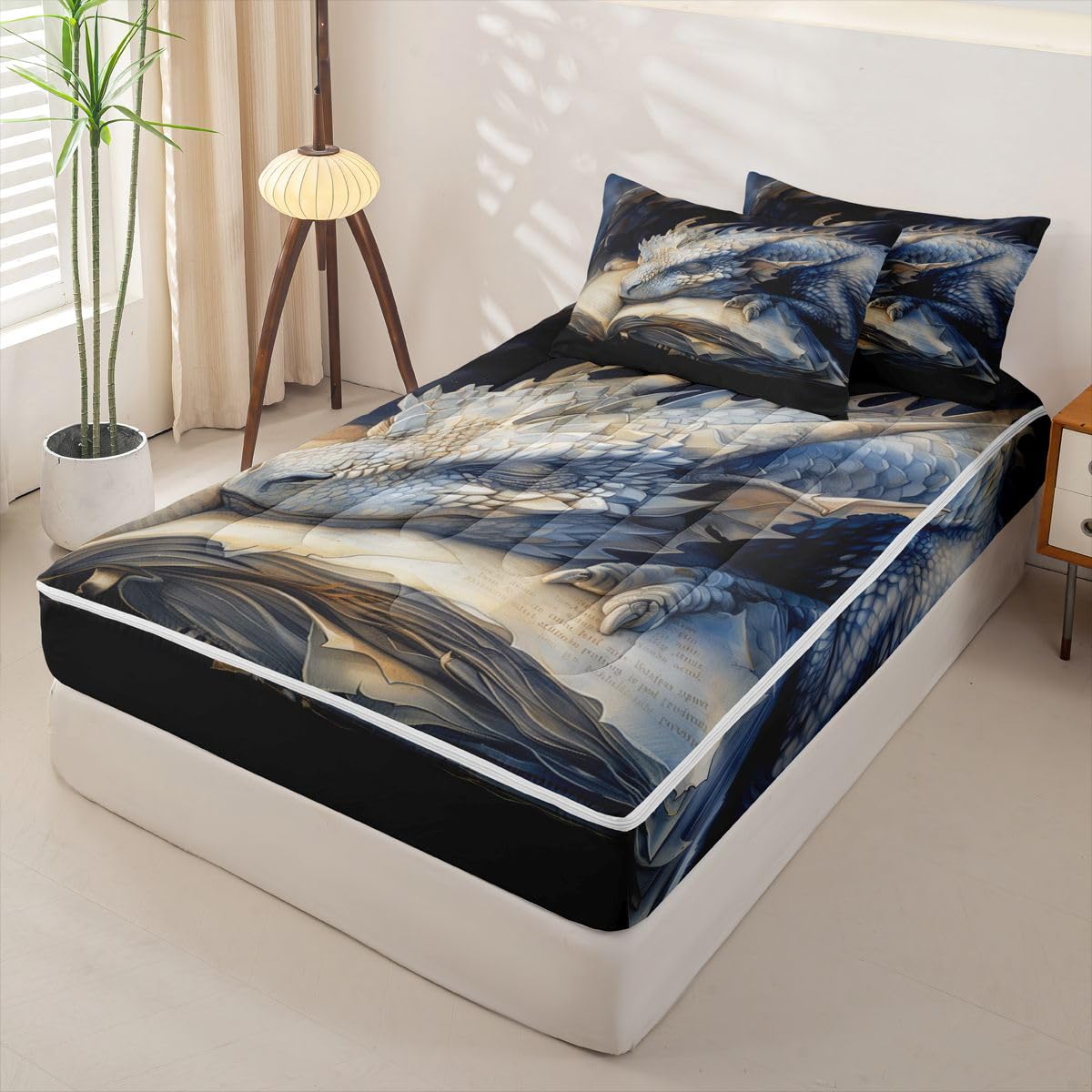 jejeloiu Flying Dragon Comforter Set Twin Zipper Bedding Set for Girls Boys Fantasy Animal Comforter with Fitted Sheet, Pillowcases Ancient Wildlife Zipper Bedding Breathable Cartoon Animal Bed Set