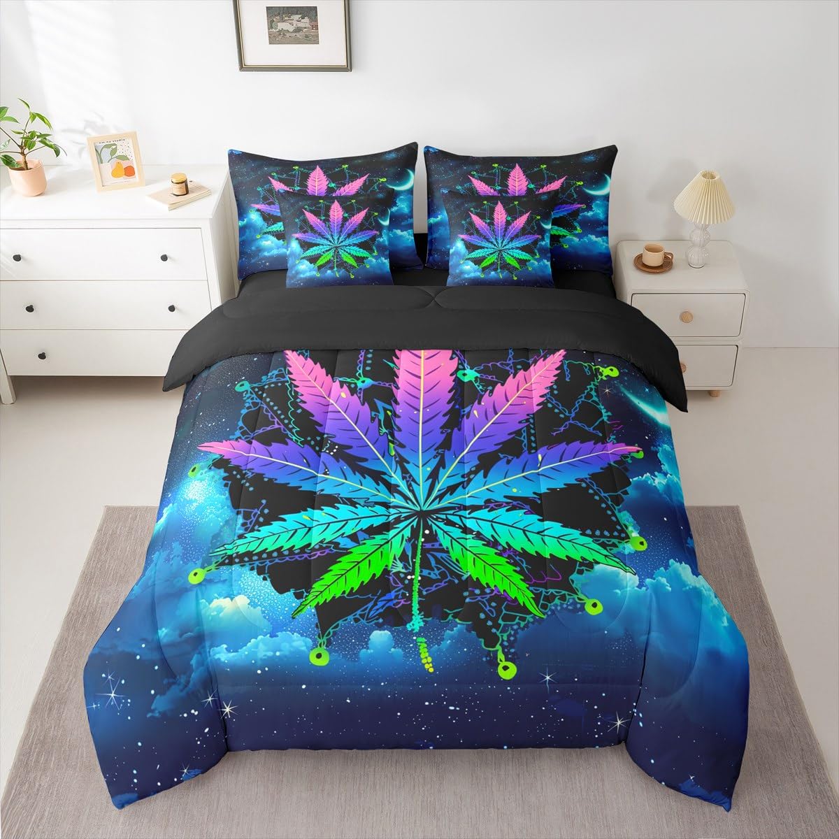 Erosebridal Leaves Twin Comforter Set 7 Pieces, Bohemian Mandala Bed in A Bag, Leaf Bedding Set with Comforters, Sheets, Pillowcases Galaxy Starry Sky Bedroom Decor