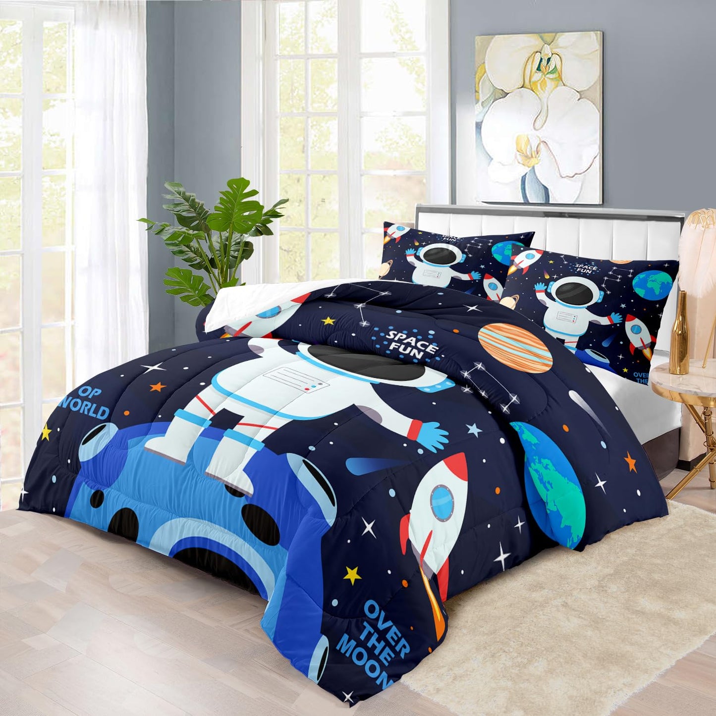 Llyxsest Blue Star Comforter Set Queen,Blue Space Bedding Set Queen for Boy,Star Quilt Space Themed Party Decorations,Galaxy Birthday Decorations for Kids and Adult