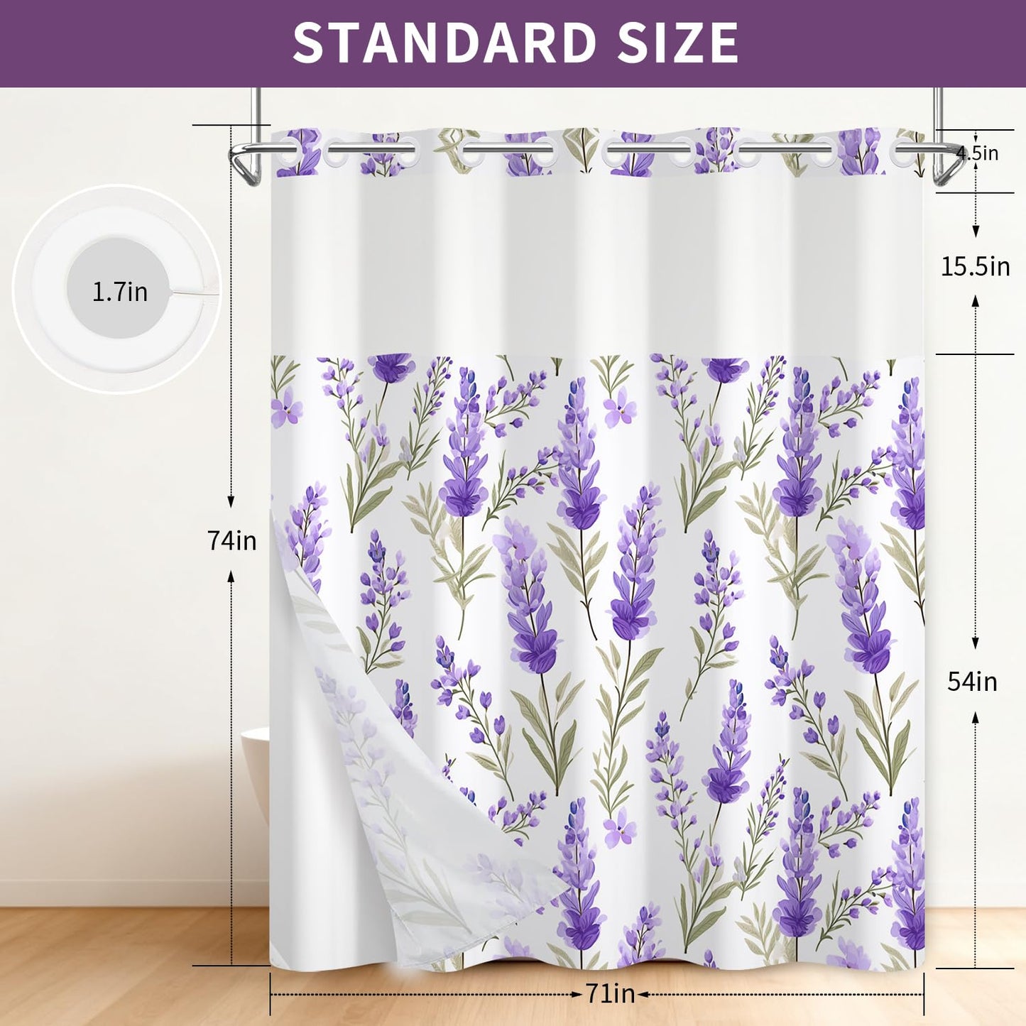 Leowefowa No Hook Shower Curtain and Waterproof Liner Set, Lavender Botanical Bath Curtain, Purple Watercolor Print, Light Fabric Bathroom Curtain with See Through Mesh Top Window, 71x74 Inch