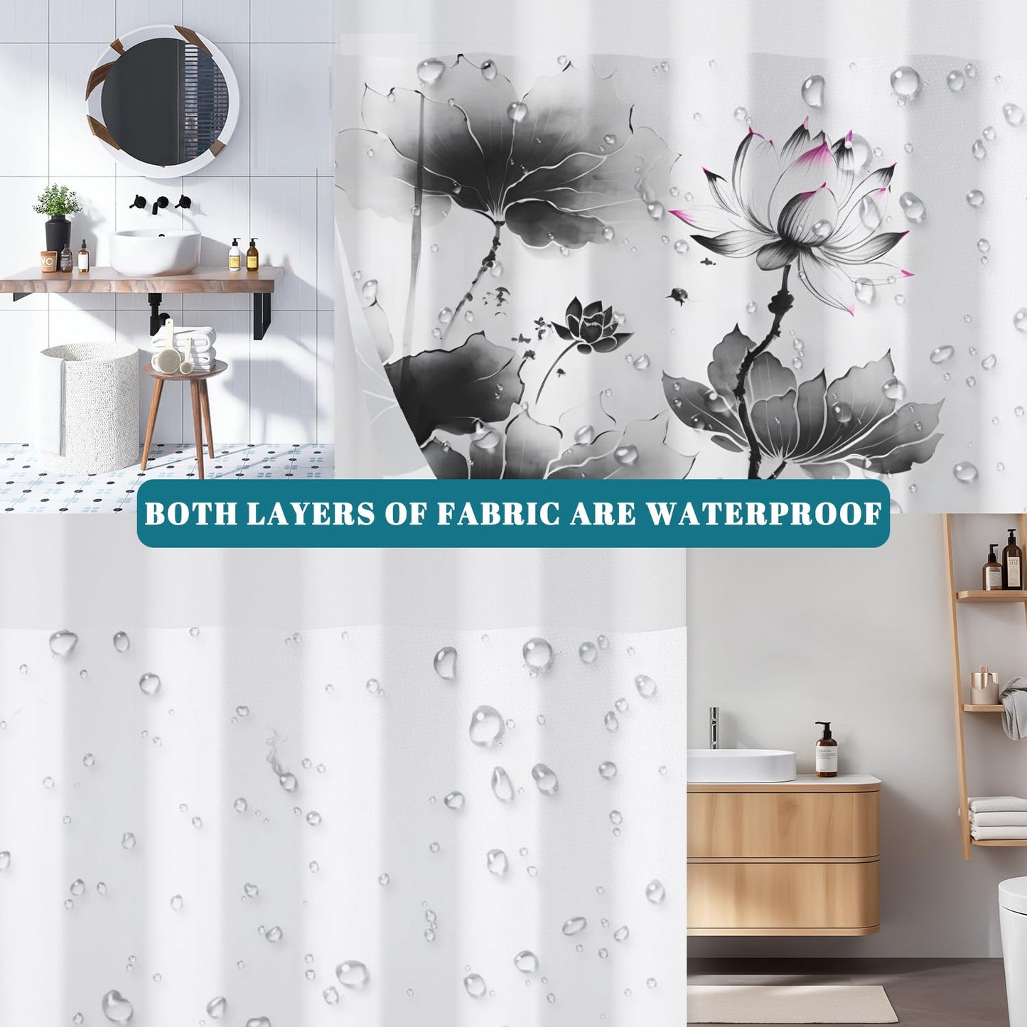 NAEMBCU No Hook Shower Curtain and Liner Set, Black and White Lotus Floral Shower Curtains for Zen Minimalist Spa Bathroom, Waterproof Bath Tub Curtain with Sheer Top Window, 71x74 Inch
