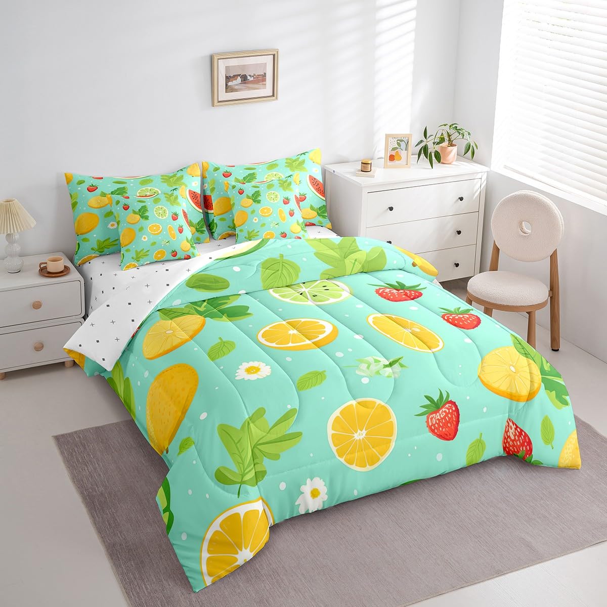 Erosebridal Tropical Fruit Full Bedding Sets 7-Piece Strawberry Lemon Comforter Set Summer Holiday Comforter Set with Sheets White Daisy Flower Leaves Bed in A Bag,Children Blue Soft Home Decor