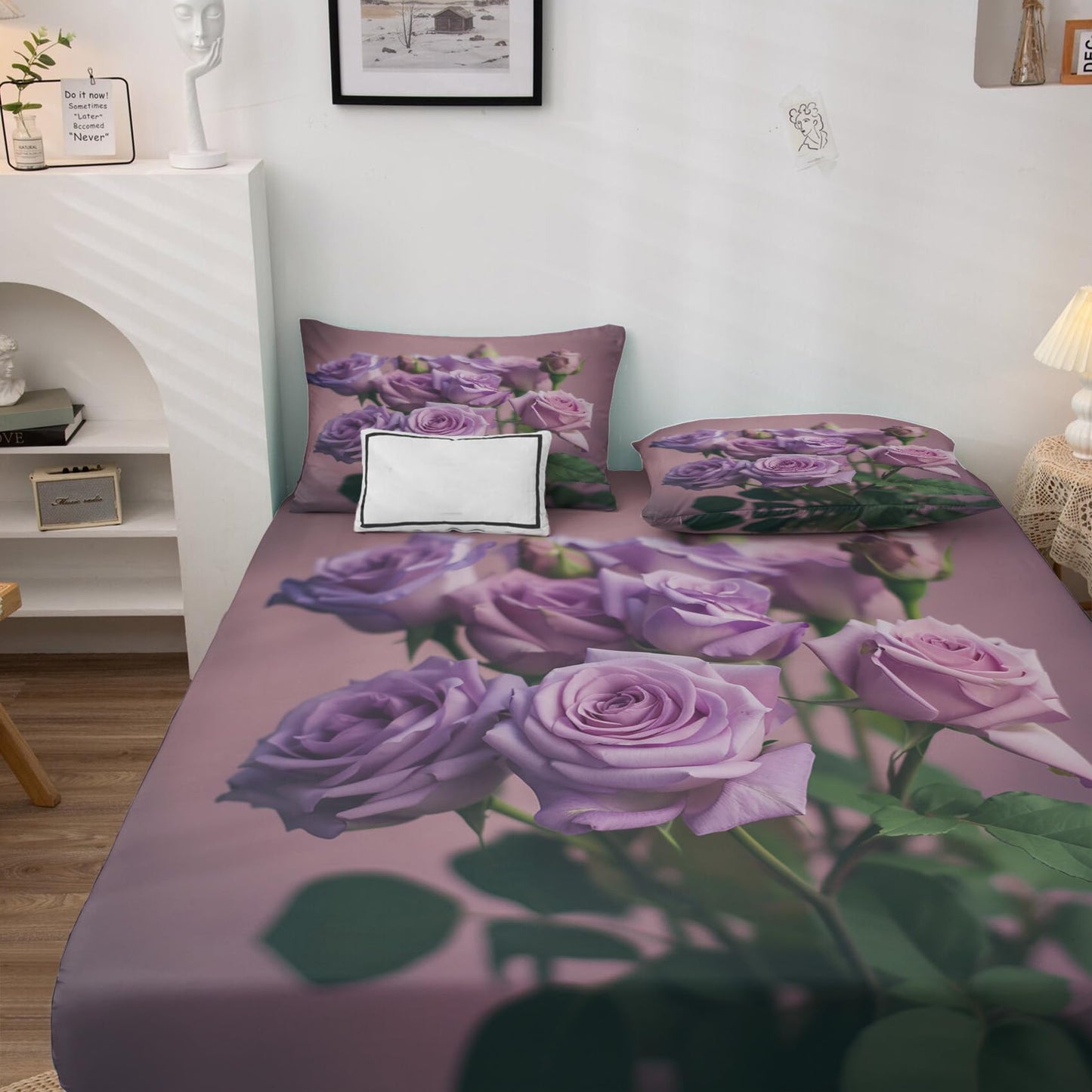 NOGAWA Purple Rose Sheets Queen Size, Floral Flower Bed Sheets, Patterned Bedding Sheets & Pillowcases 4 Piece Set - Soft Microfiber Deep Pocket Fitted Sheet & Flat Sheet & 2 Pillow Cases