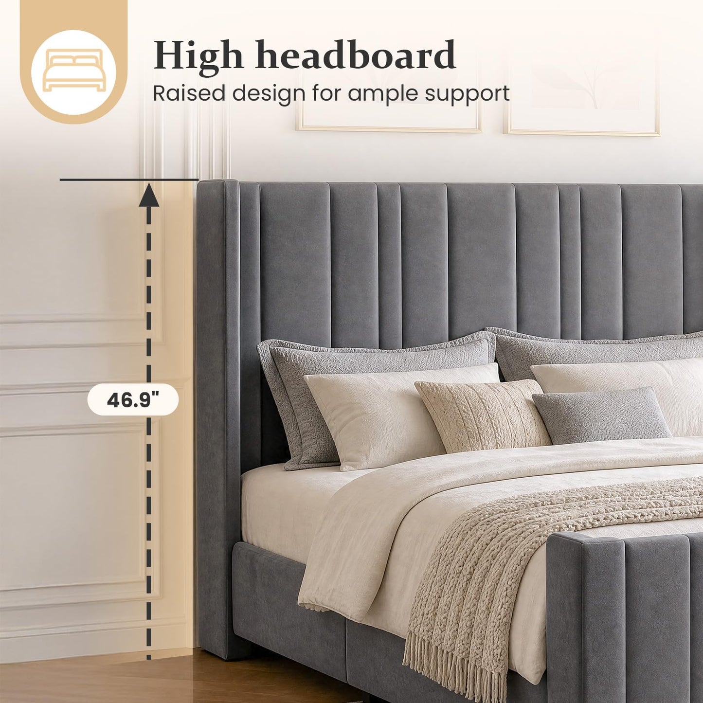 HOMBCK Full Size Bed Frame, Velvet Upholstered Platform Bed Frame Full with Vertical Channel Tufted Headboard & Footboard, Wooden Slats/Noise Free/No Box Spring Needed/Easy Assembly, Grey