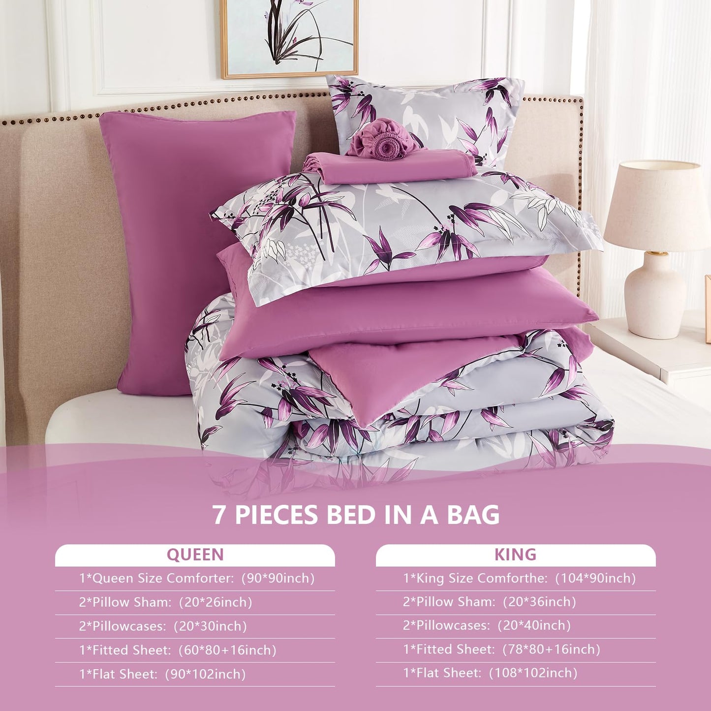 LXWORX Queen Comforter Set Purple - 7 Pieces Bed in a Bag Botanical Leaf Pattern Bedding Set, Soft Lightweight Bed Set with Comforter and Sheets for All Season (Purple,Queen)