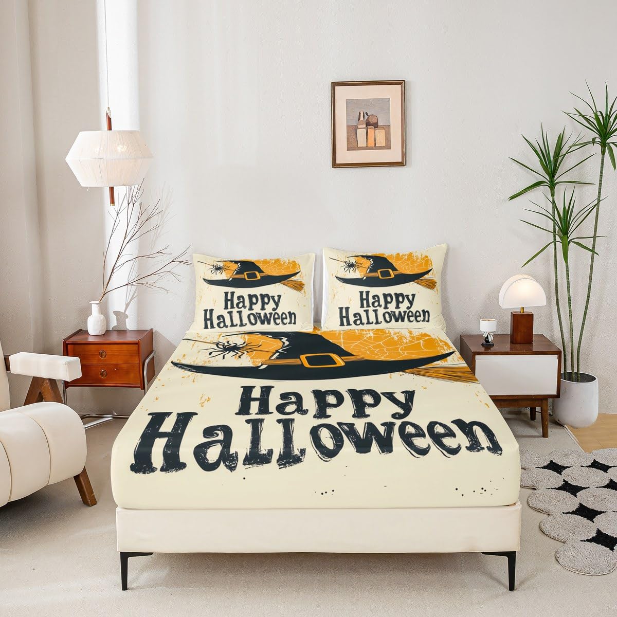 Feelyou Kids Happy Halloween Bedding Set Full Size, Witch Bed Sheet Set Boys Girls Spider Web Fitted Sheet Horror Decor Teens Bedroom Decor Lightweight Bed Set (No Flat Sheet)
